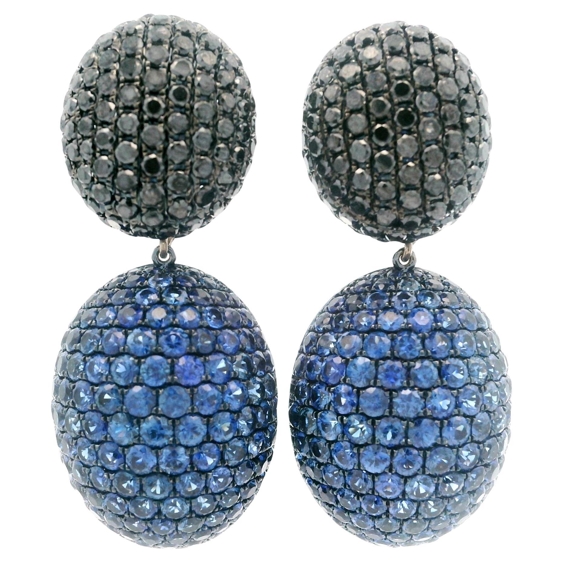 18k Gold 17ctw Pave Black Diamond Sapphire Day Night Dangle Drop Omega Earrings