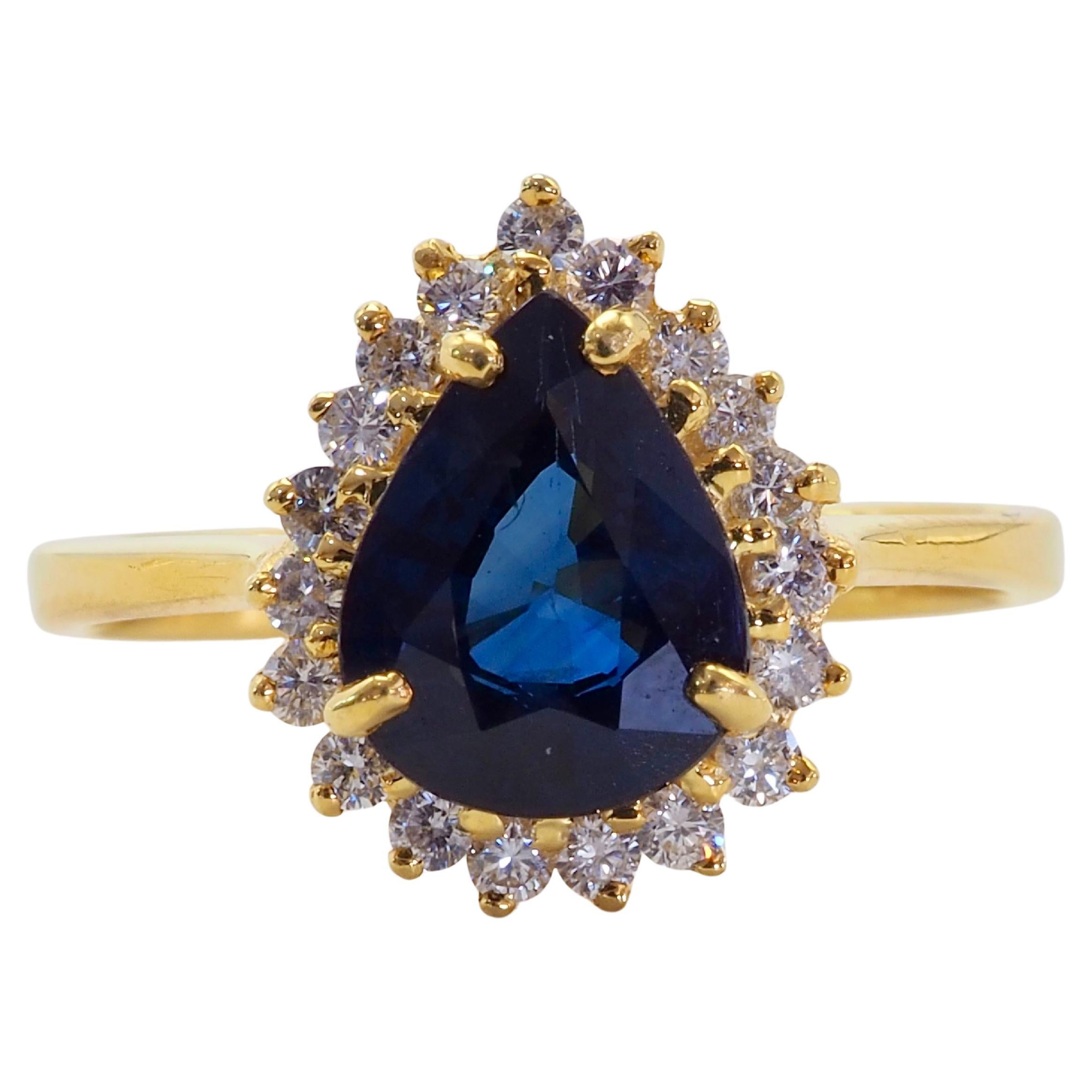 18K Gold 1.83ct Pear Blue Sapphire & 0.28ct Diamond Halo Fine Ring