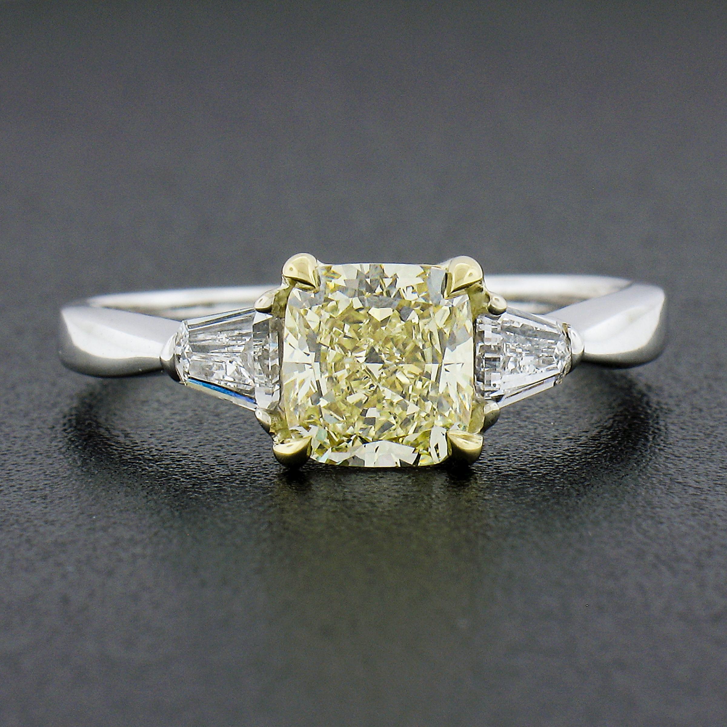 18k Gold 1.83ctw GIA Light Yellow Cushion Brilliant Cut Diamond Engagement Ring In Excellent Condition For Sale In Montclair, NJ