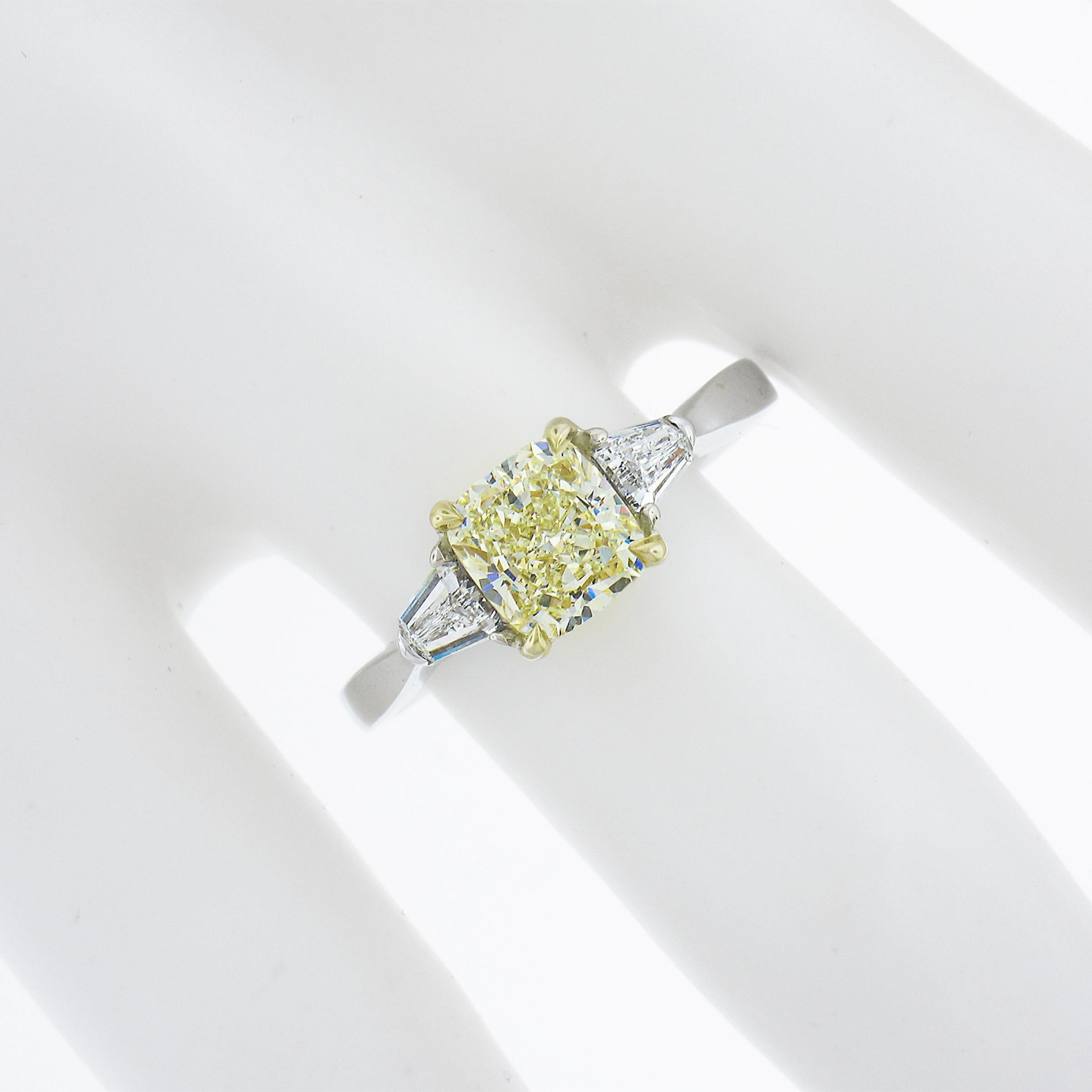Women's 18k Gold 1.83ctw GIA Light Yellow Cushion Brilliant Cut Diamond Engagement Ring For Sale