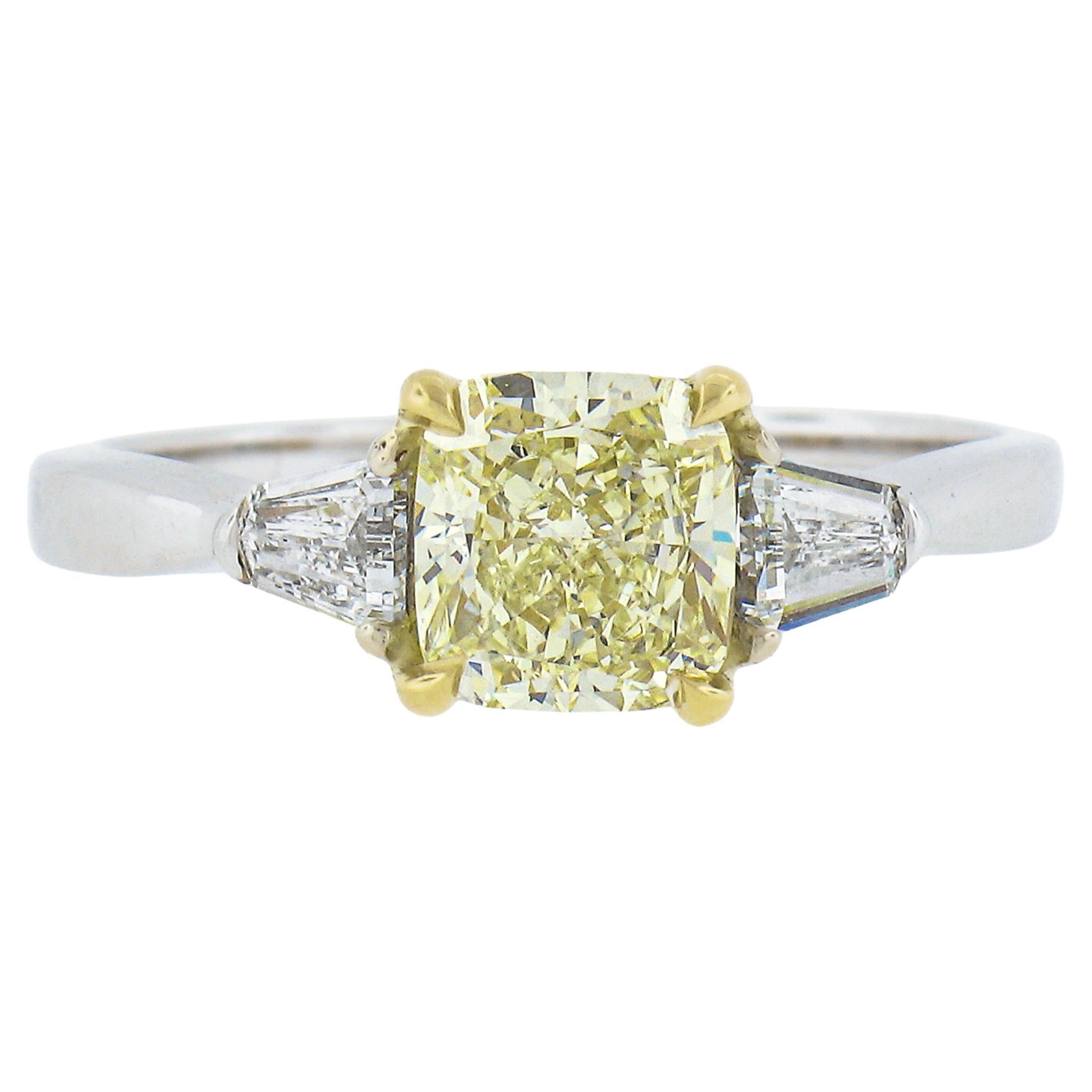 18k Gold 1.83ctw GIA Light Yellow Cushion Brilliant Cut Diamond Engagement Ring For Sale