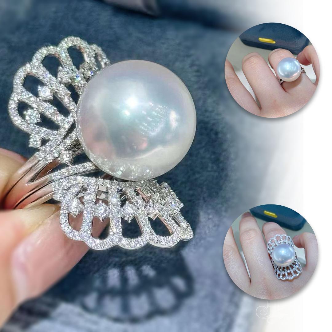 Uncut 【Crown Radiance】Regal Fan Convertible Aurora South Sea Pearl & Diamond Ring For Sale