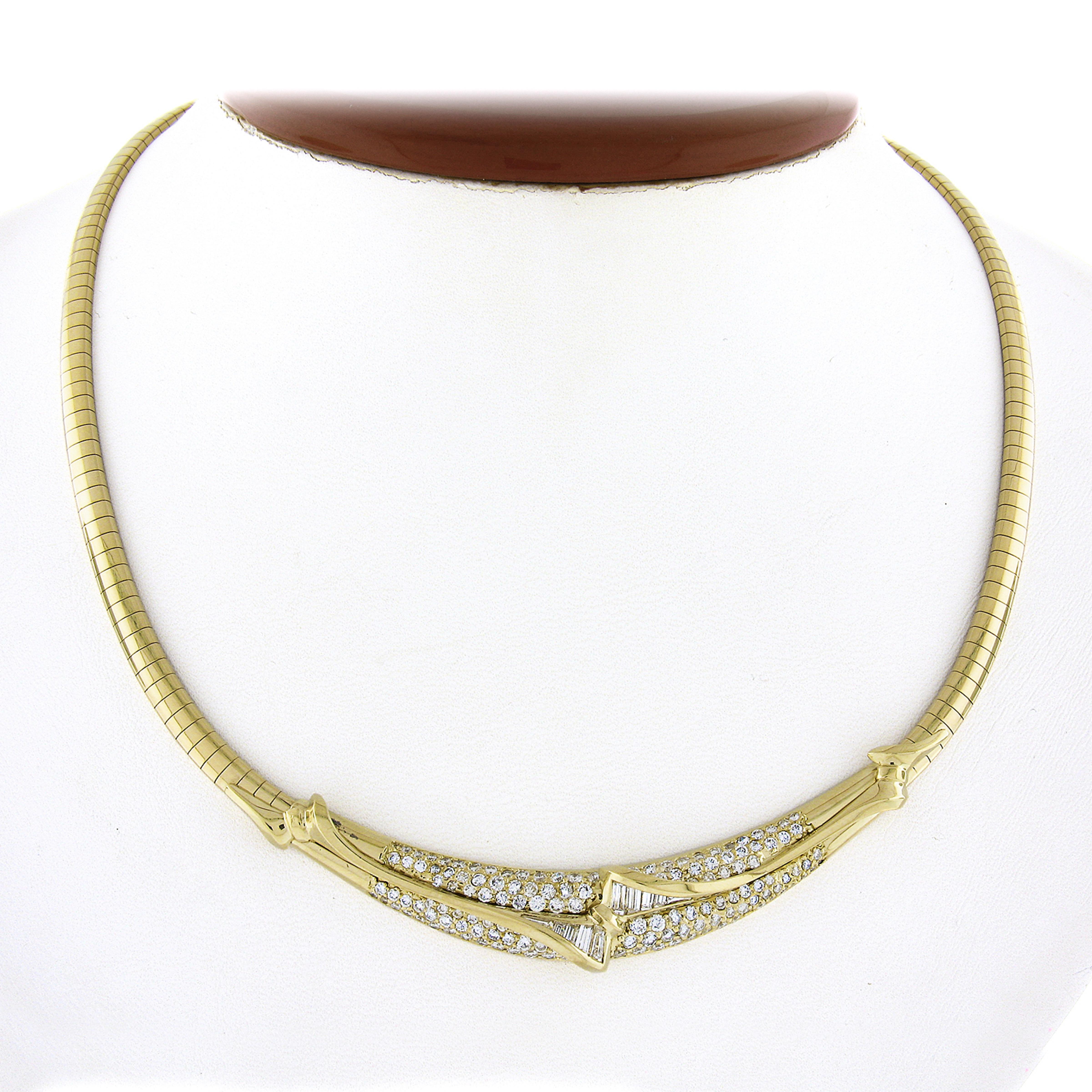 This bold, estate Italian diamond necklace is very well crafted in 18k yellow gold and features approximately 1.85 carats of the finest quality round brilliant & baguette cut diamonds. The diamonds are on FIRE! They are truly brilliant stones with