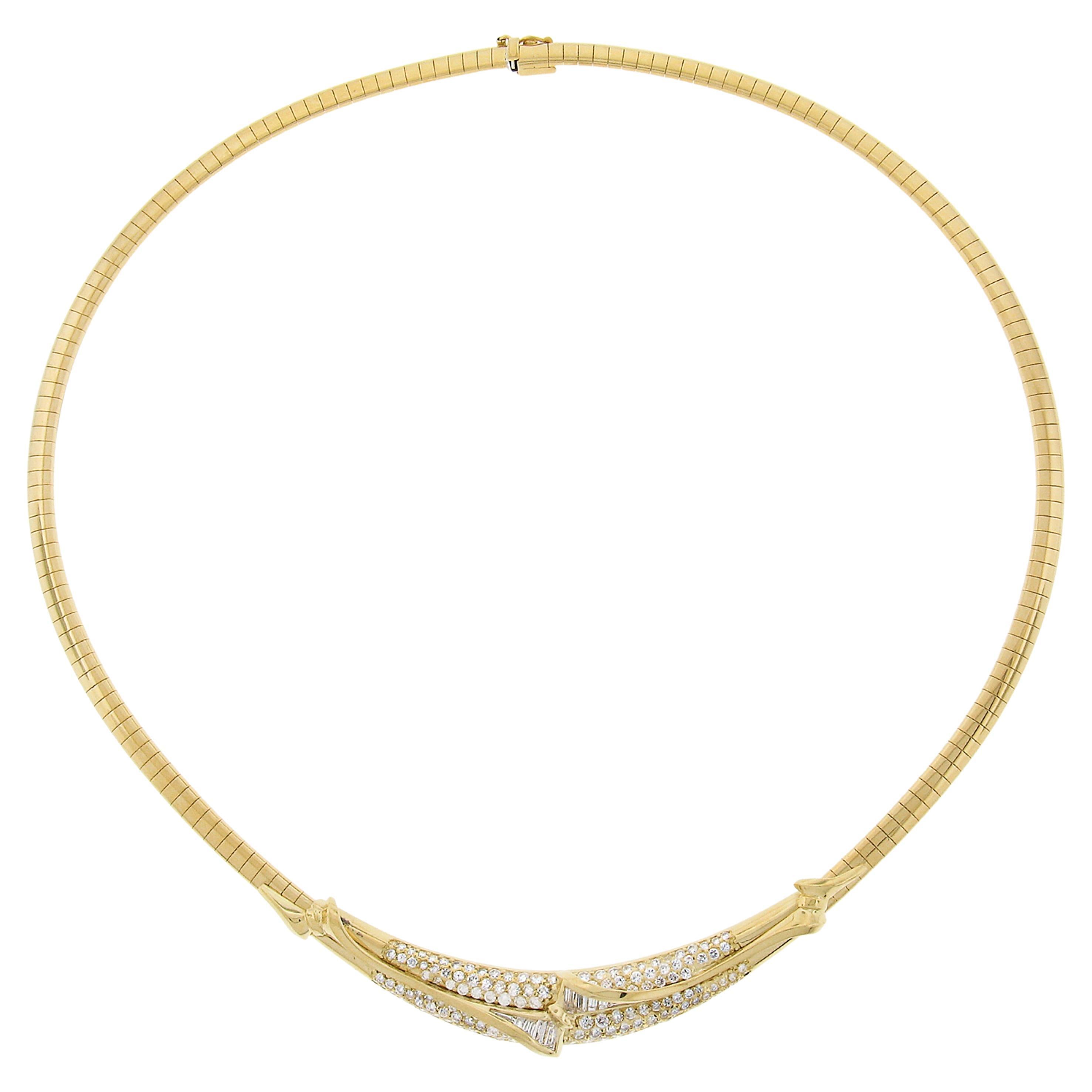 18 Karat Gold 1,85 Karat runder Brillant & Baguette Diamant Omega Collier Kette Halskette