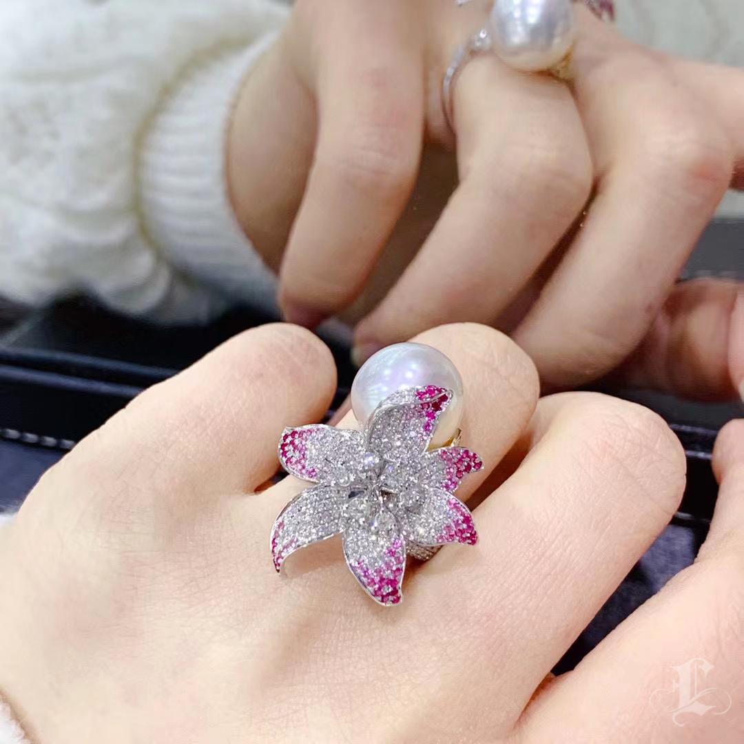 Uncut 【Vine Symphony】Petalburst Aurora South Sea Pearl Diamond Sapphire Ring For Sale