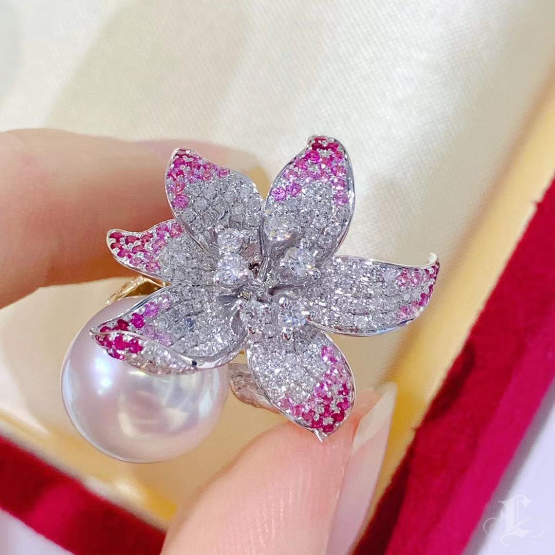 Women's 【Vine Symphony】Petalburst Aurora South Sea Pearl Diamond Sapphire Ring For Sale
