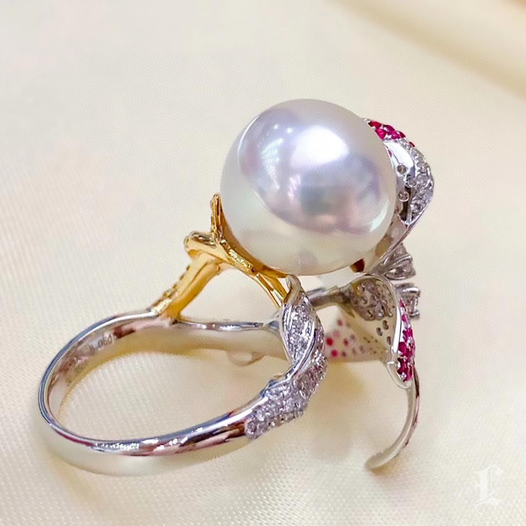 【Vine Symphony】Petalburst Aurora South Sea Pearl Diamond Sapphire Ring For Sale 1
