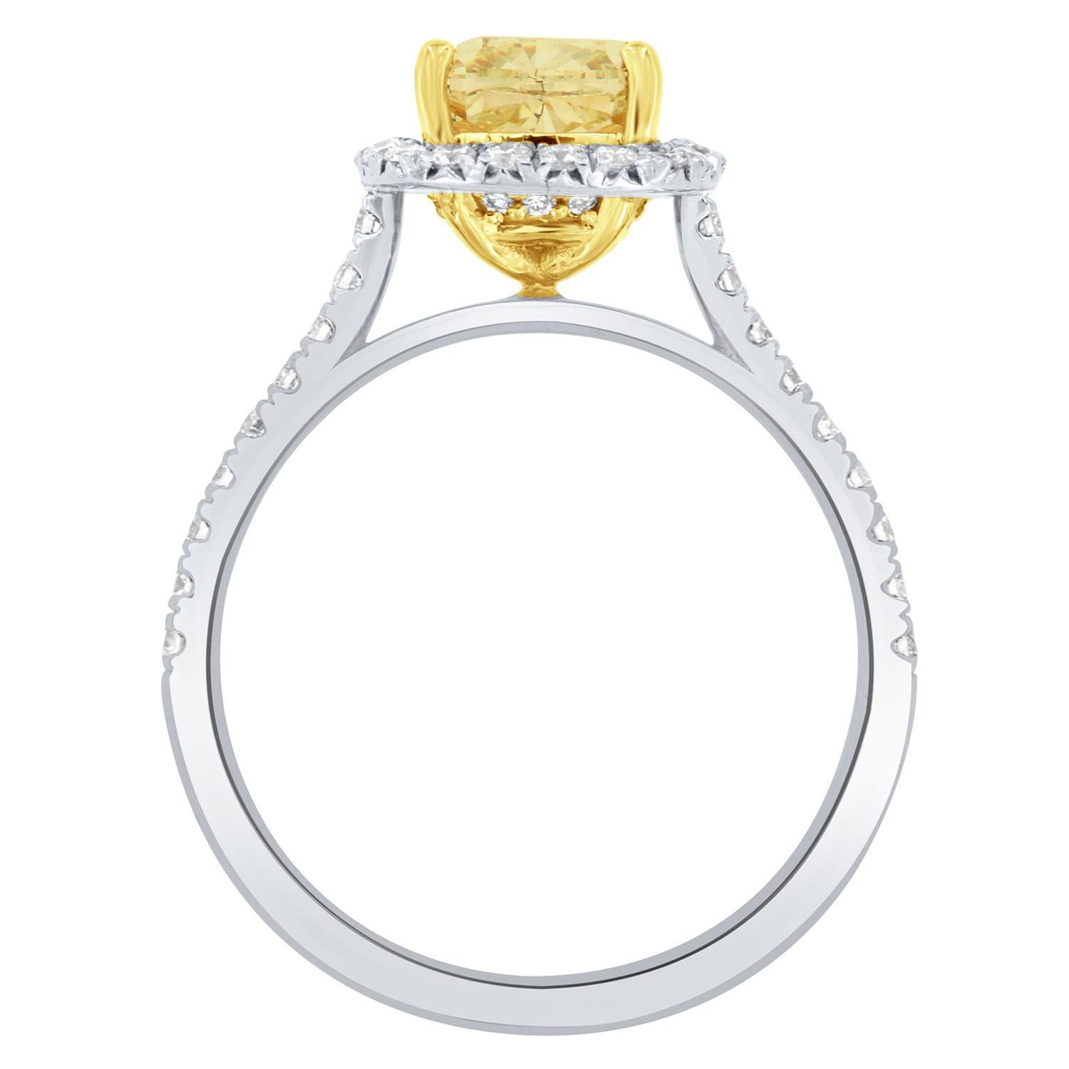 EGL USA 18K Gold 1.95 Carat Cushion Yellow Halo Diamond Ring In New Condition For Sale In San Francisco, CA