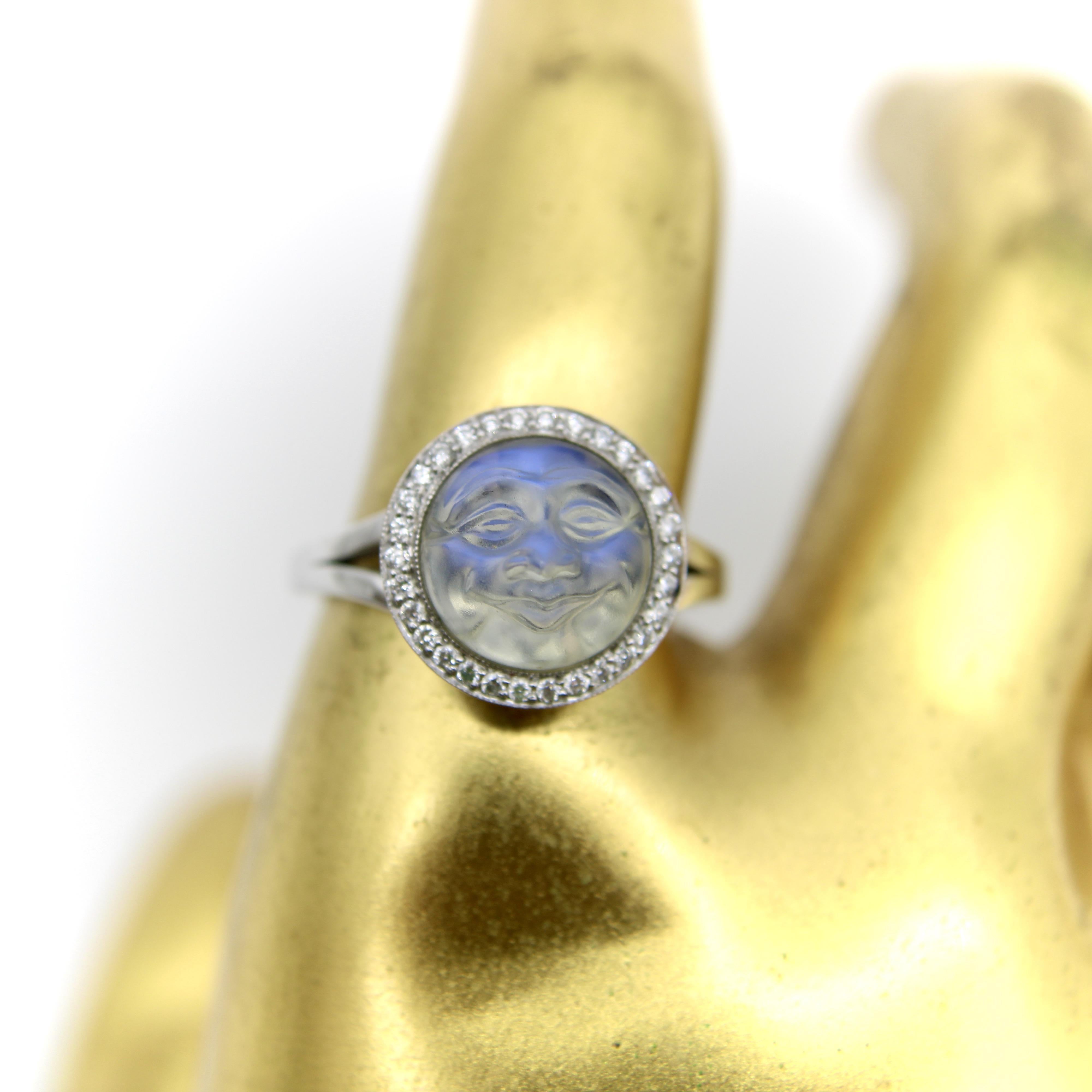 18K Gold 1950’s Carved Moonstone Man in the Moon Ring with Diamonds For Sale 4