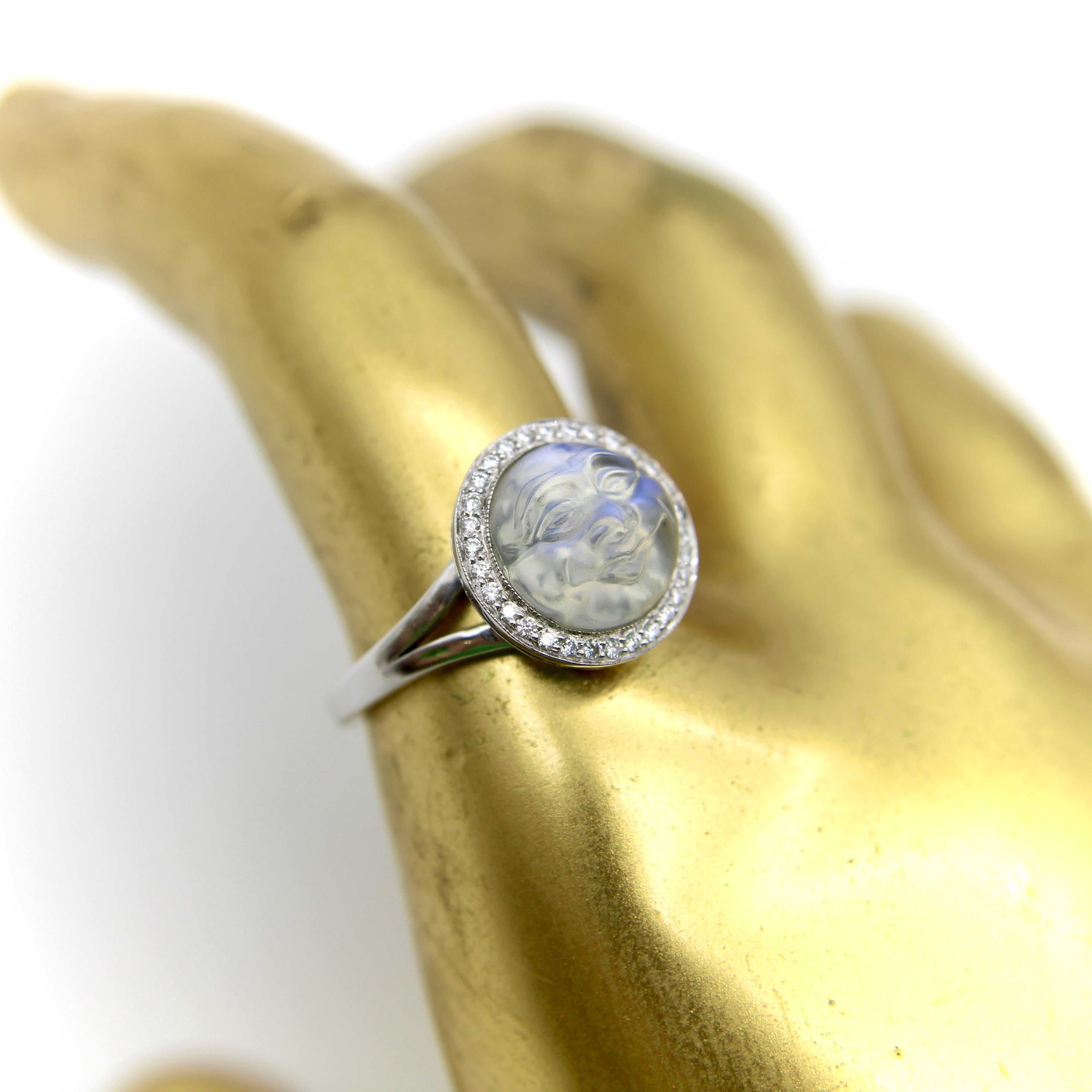 18K Gold 1950’s Carved Moonstone Man in the Moon Ring with Diamonds For Sale 5