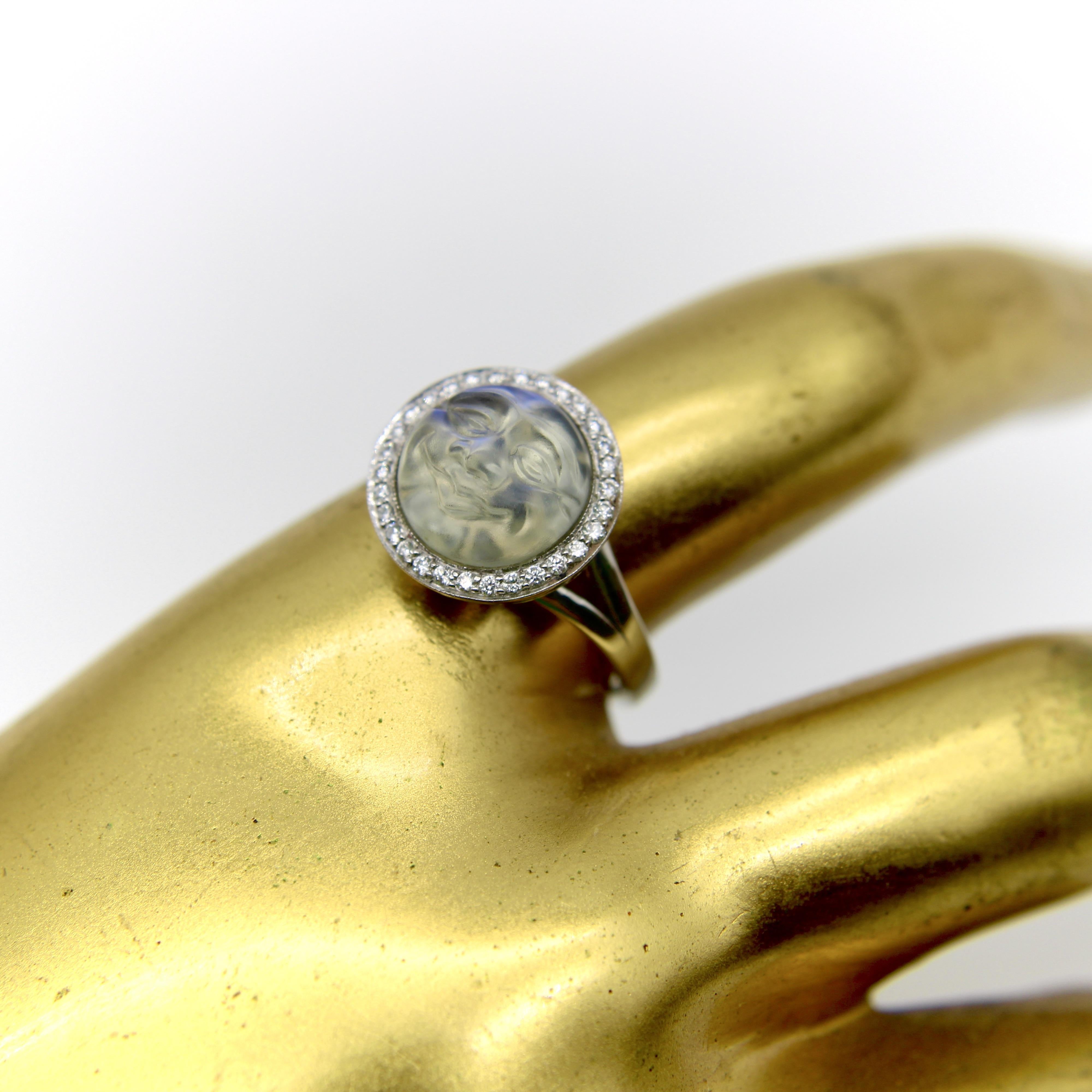 18K Gold 1950’s Carved Moonstone Man in the Moon Ring with Diamonds For Sale 6