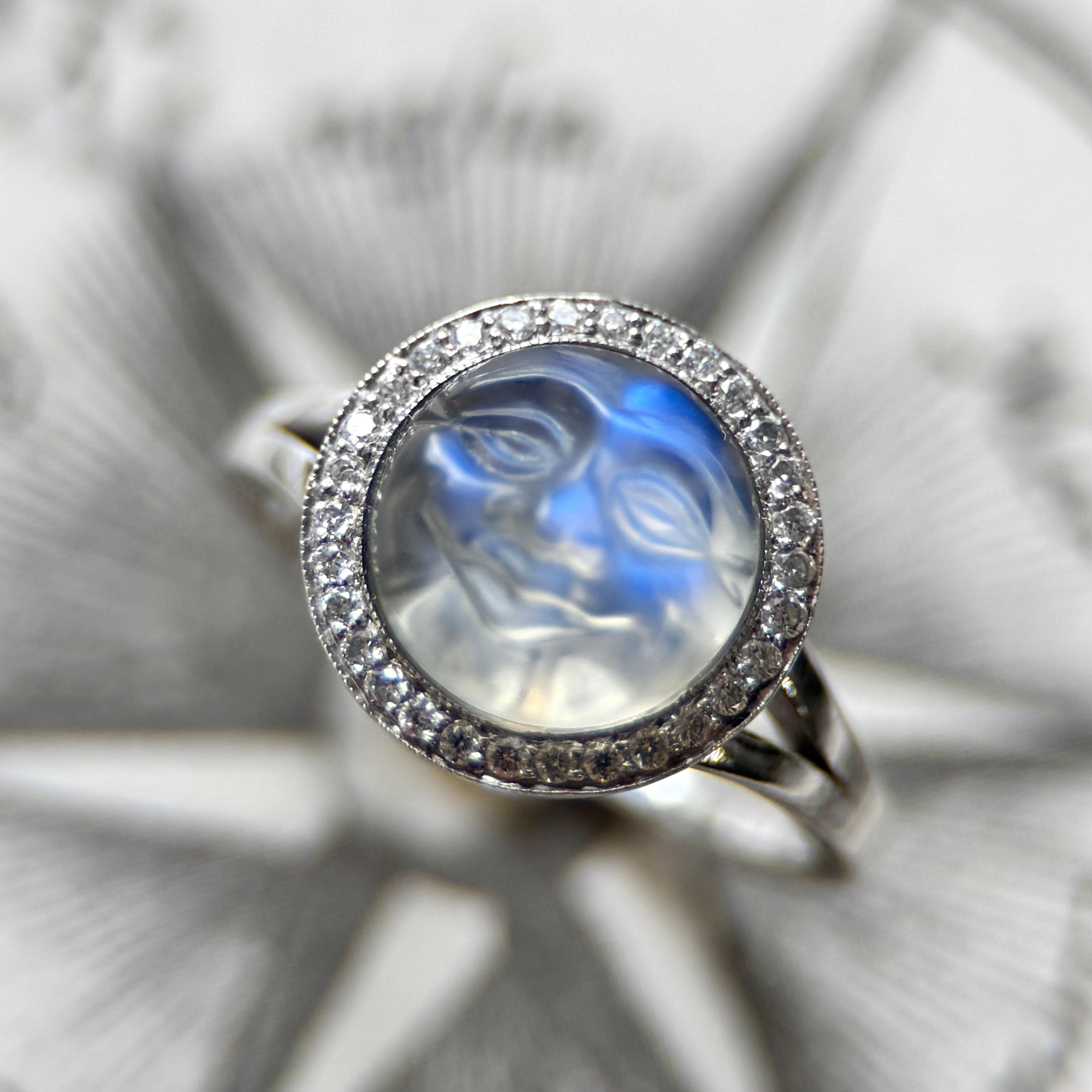 Modern 18K Gold 1950’s Carved Moonstone Man in the Moon Ring with Diamonds For Sale