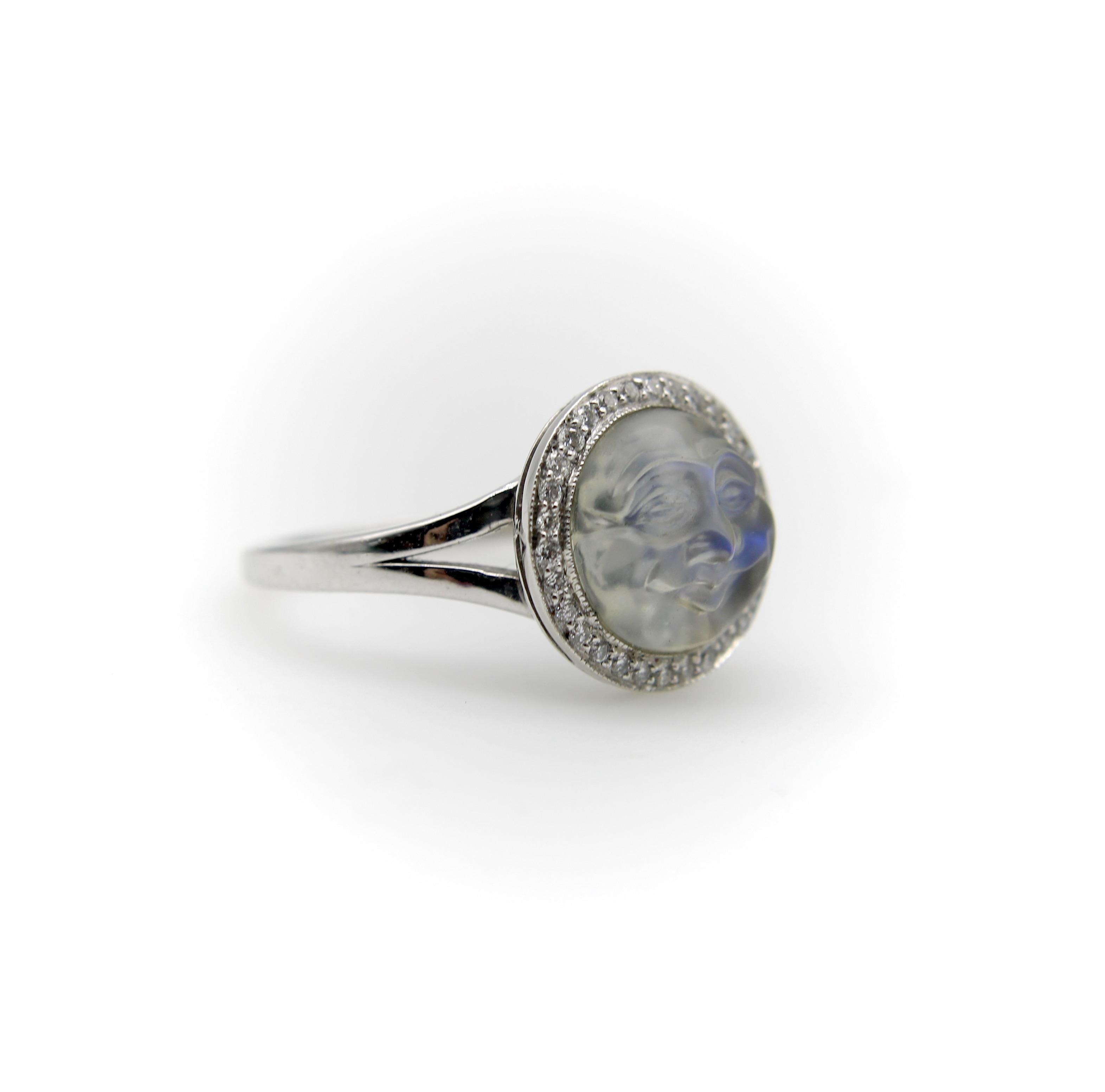 Round Cut 18K Gold 1950’s Carved Moonstone Man in the Moon Ring with Diamonds For Sale