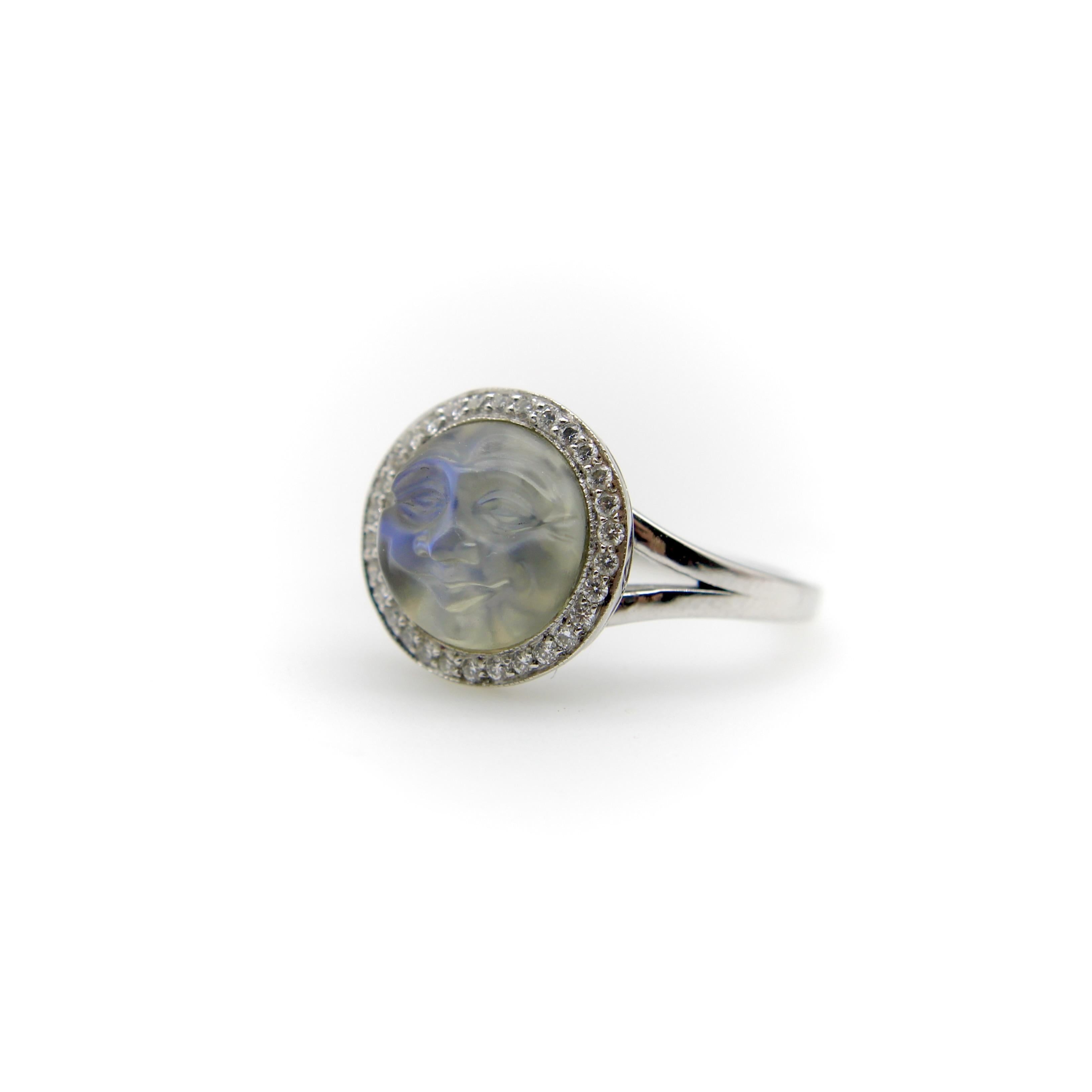 Women's or Men's 18K Gold 1950’s Carved Moonstone Man in the Moon Ring with Diamonds For Sale
