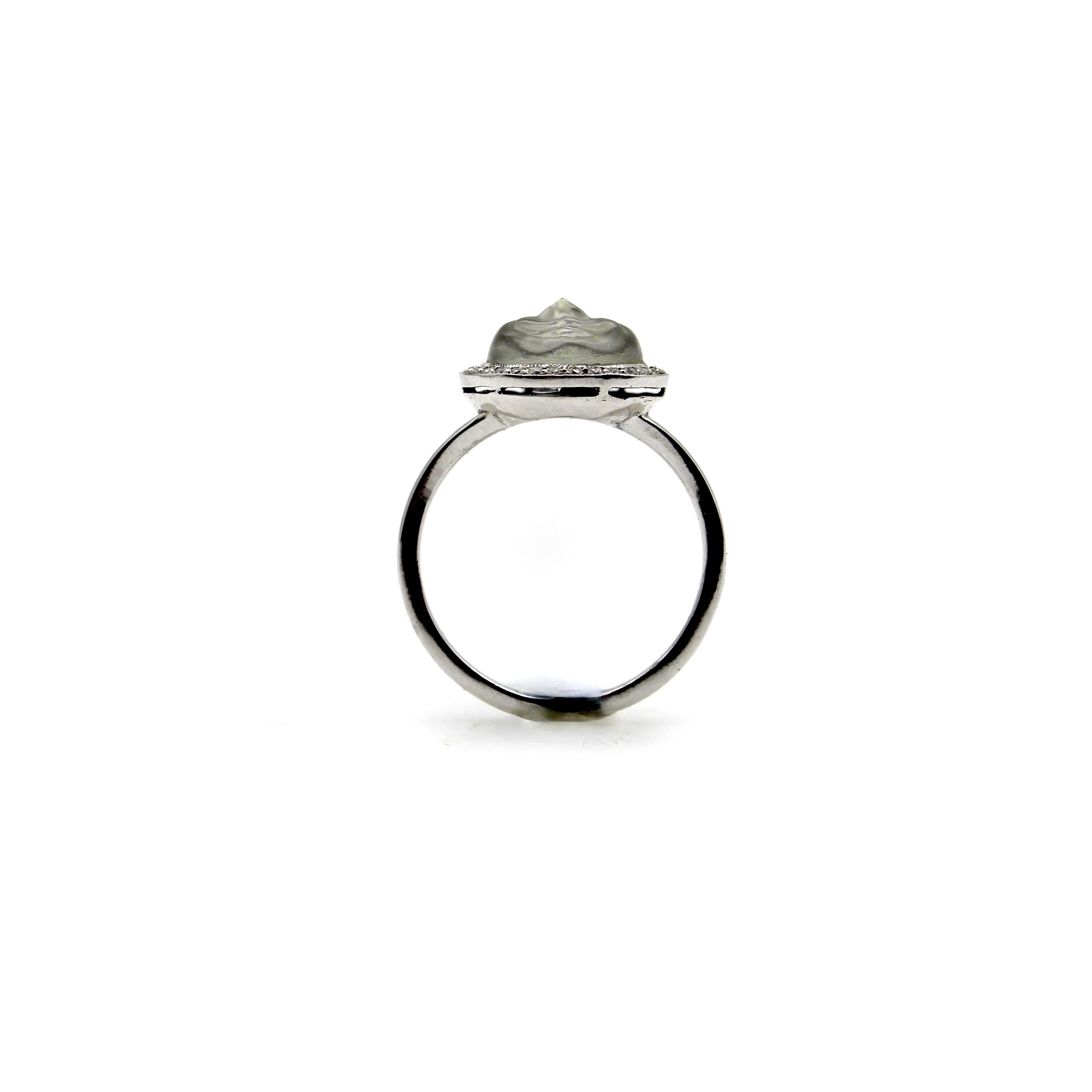 18K Gold 1950’s Carved Moonstone Man in the Moon Ring with Diamonds For Sale 2