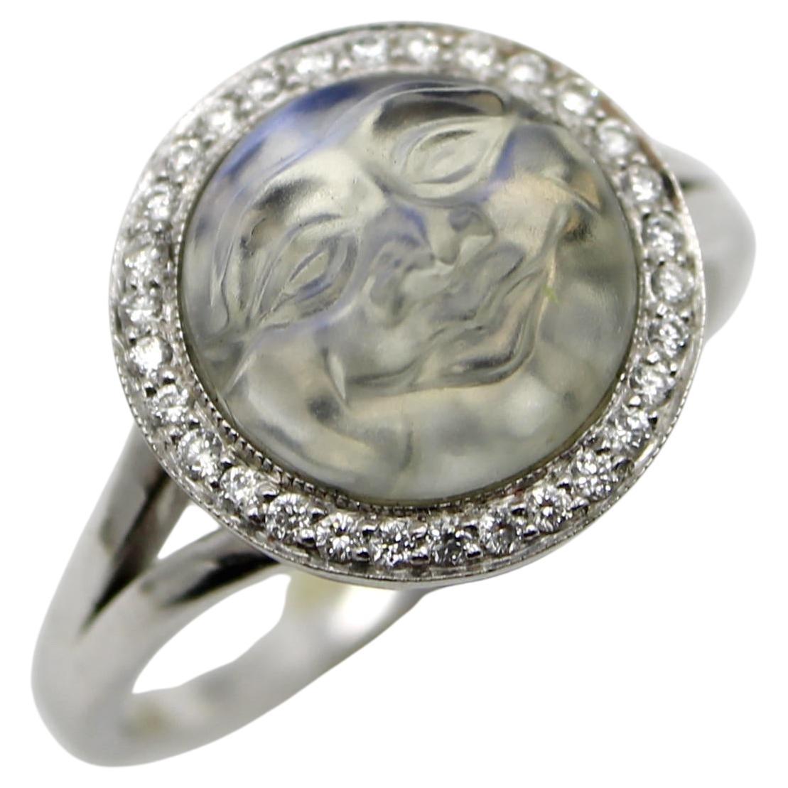 18K Gold 1950’s Carved Moonstone Man in the Moon Ring with Diamonds