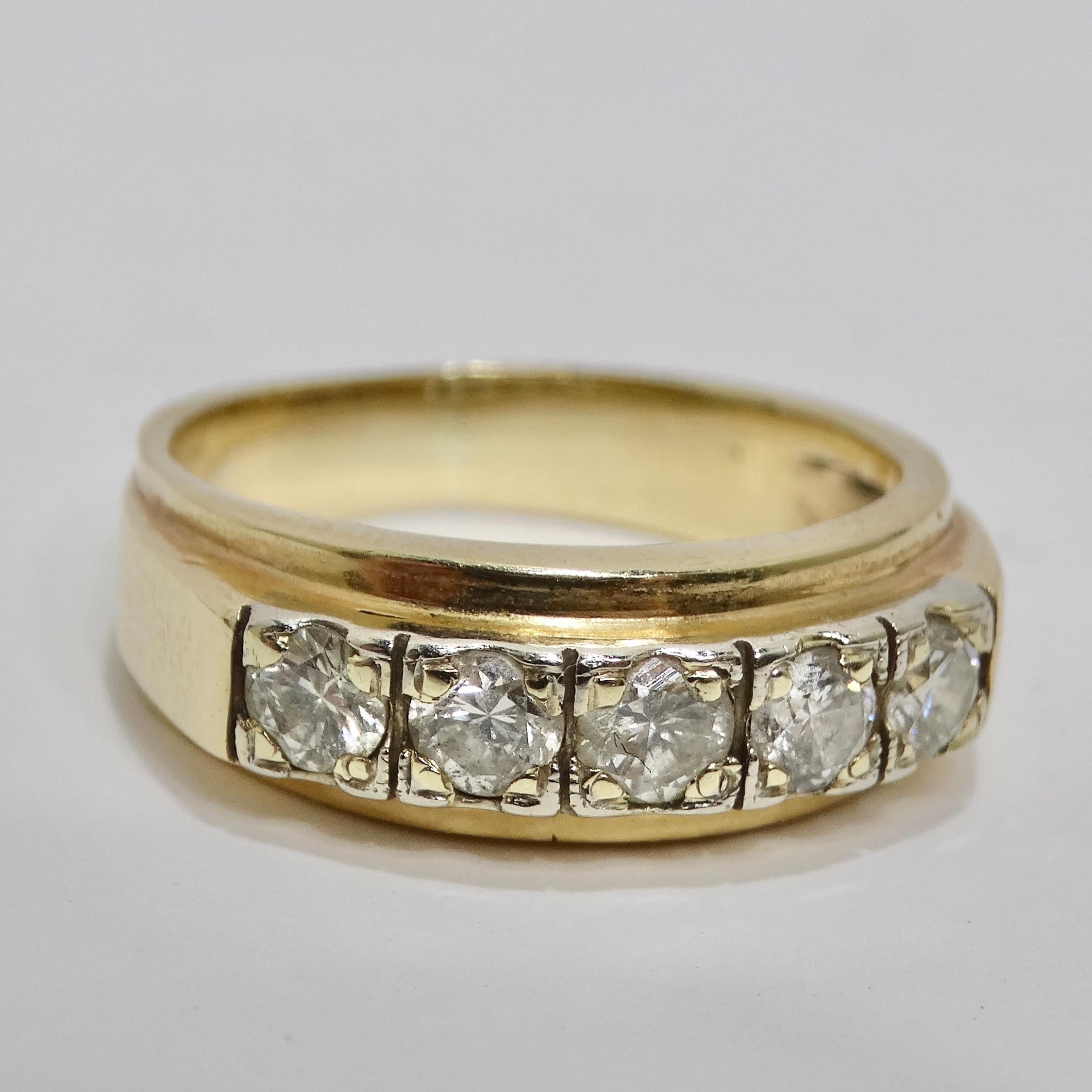 Elevate your jewelry collection with this 1970s 18K Gold Custom Diamond Ring. This classic and versatile ring features five dazzling diamonds, totaling approximately 1.5 carats, set within a beautiful 18K gold band. With its timeless design and