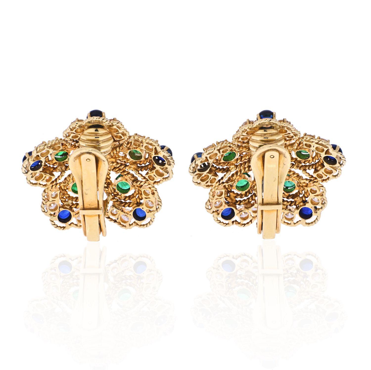 Emerald Cut 18K Gold 1970s Multigem Ruby, Sapphire, Emeralds and Diamond Flower Earrings