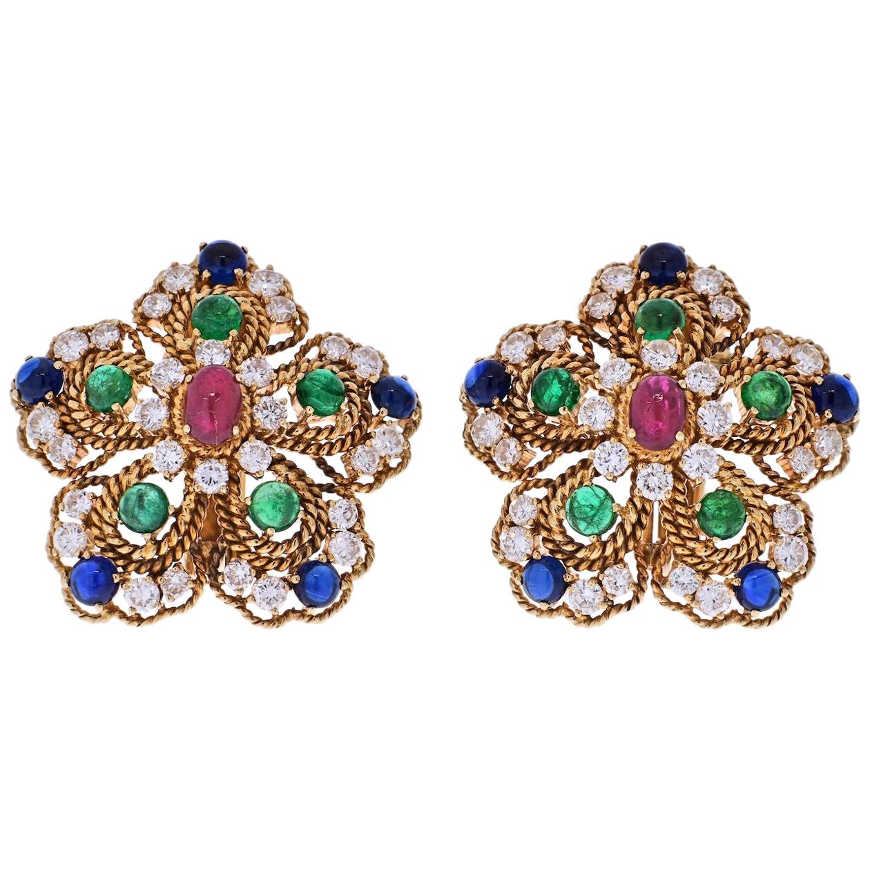 18K Gold 1970s Multigem Ruby, Sapphire, Emeralds and Diamond Flower Earrings