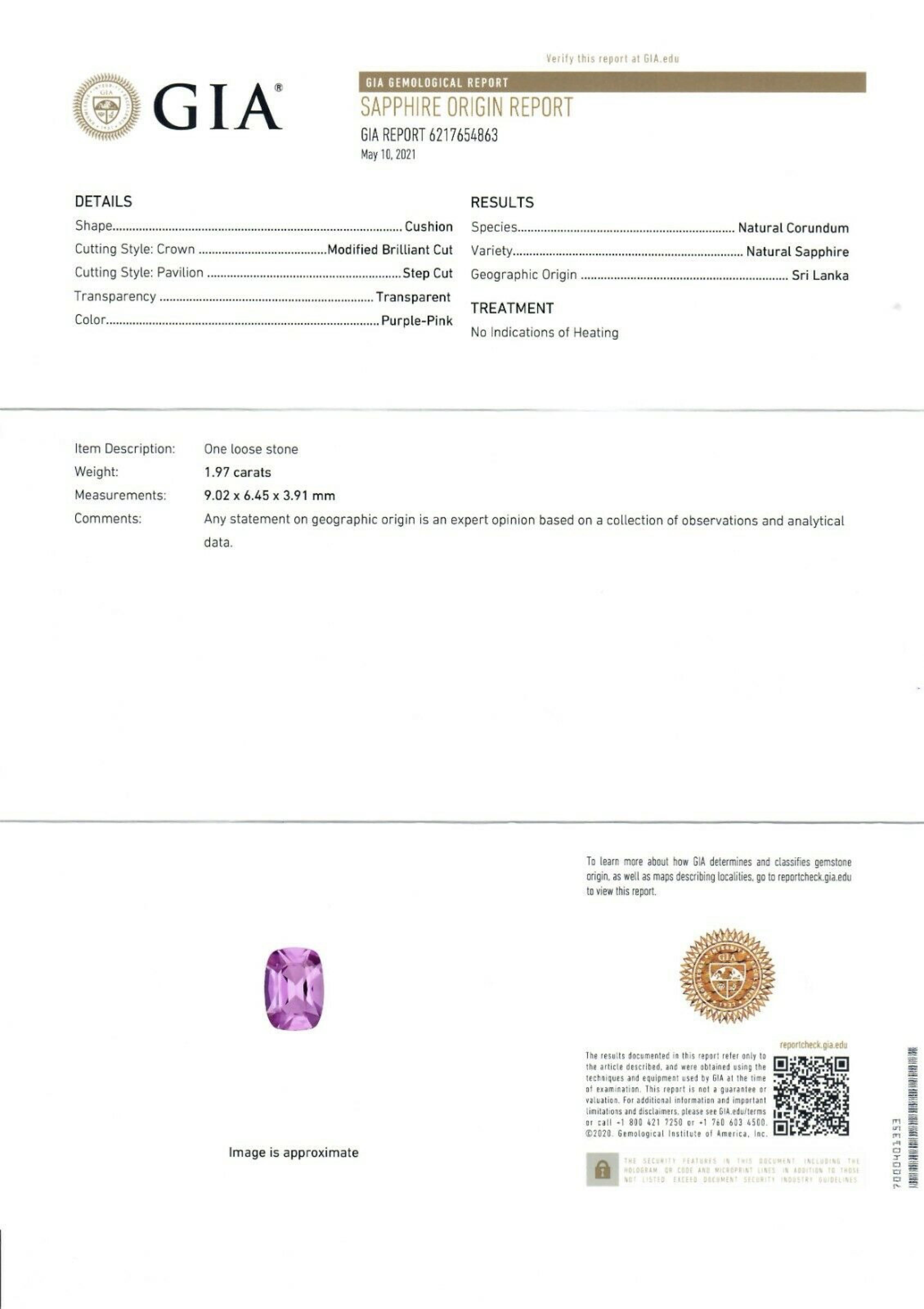 18k Gold 1.97ct Cushion GIA No Heat Ceylon Pink Sapphire Bezel Solitaire Ring 5