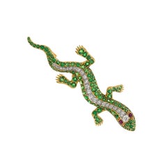 18k Gold 19th Century Antique Demantoid Garnet, Ruby, and Diamond Gecko Brooch