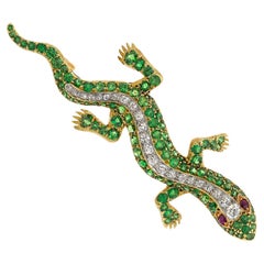 18k Gold 19th Century Antique Demantoid Garnet, Ruby, and Diamond Gecko Brooch