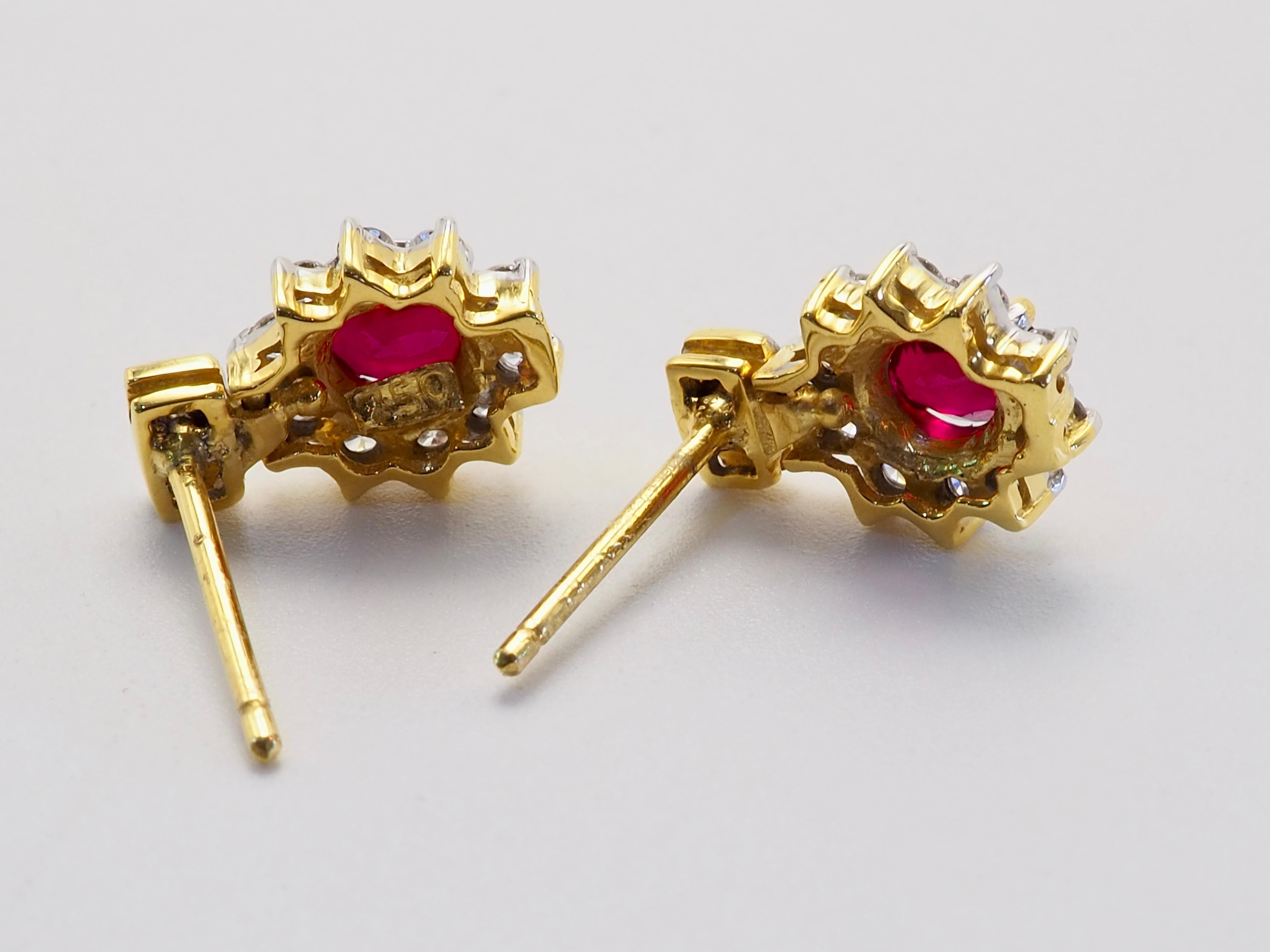 Vivid deep red with high sparking brilliance ruby from the mine in Thailand. A classic sunburst style stud earring with upper section joining with the post. The diamonds are brilliant and clear. For those who loves red gemstones or for those who
