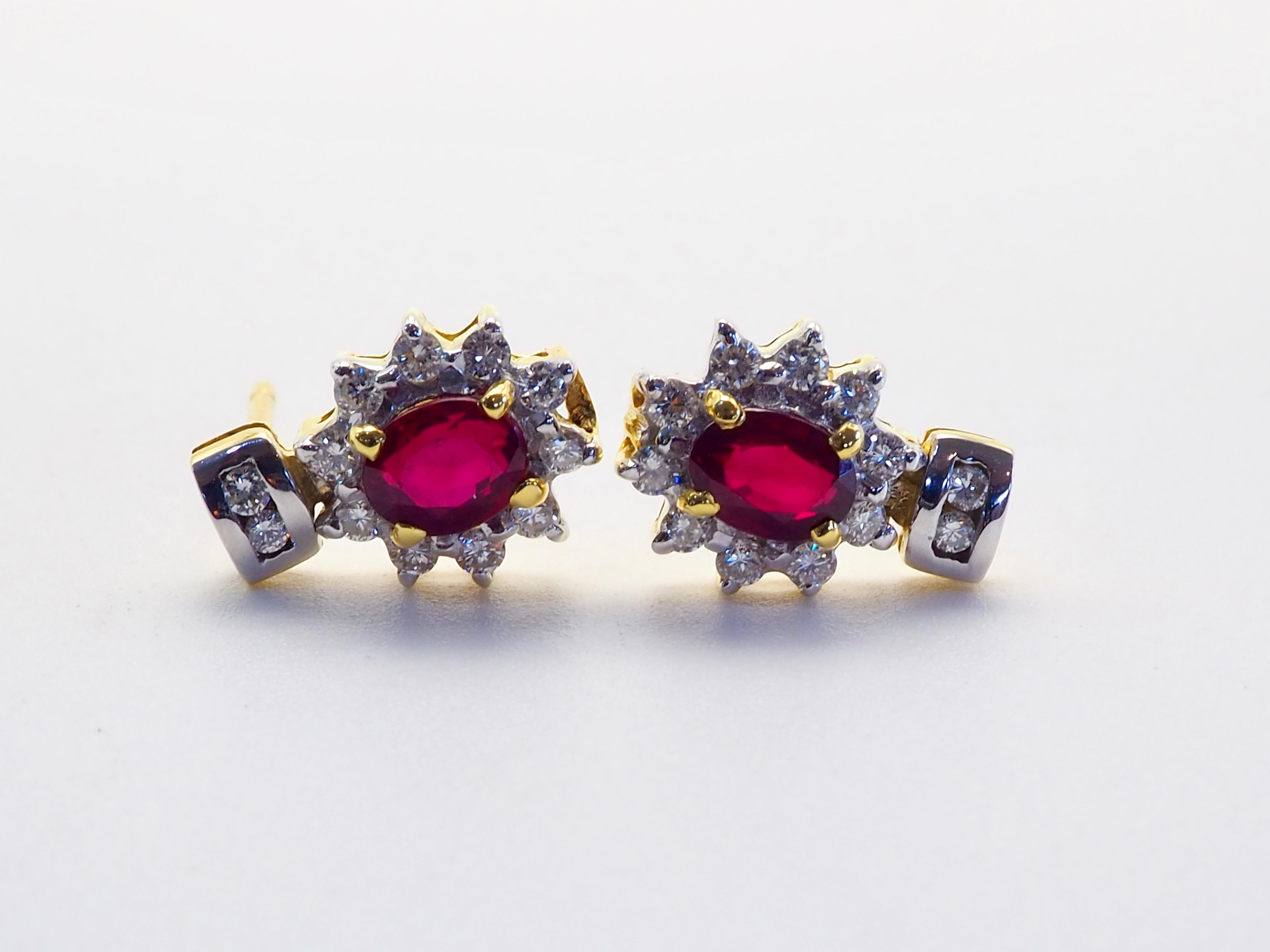 Oval Cut 18K Gold 1ct Oval Vivid Red Ruby & 0.40ct Diamond Stud Earring For Sale