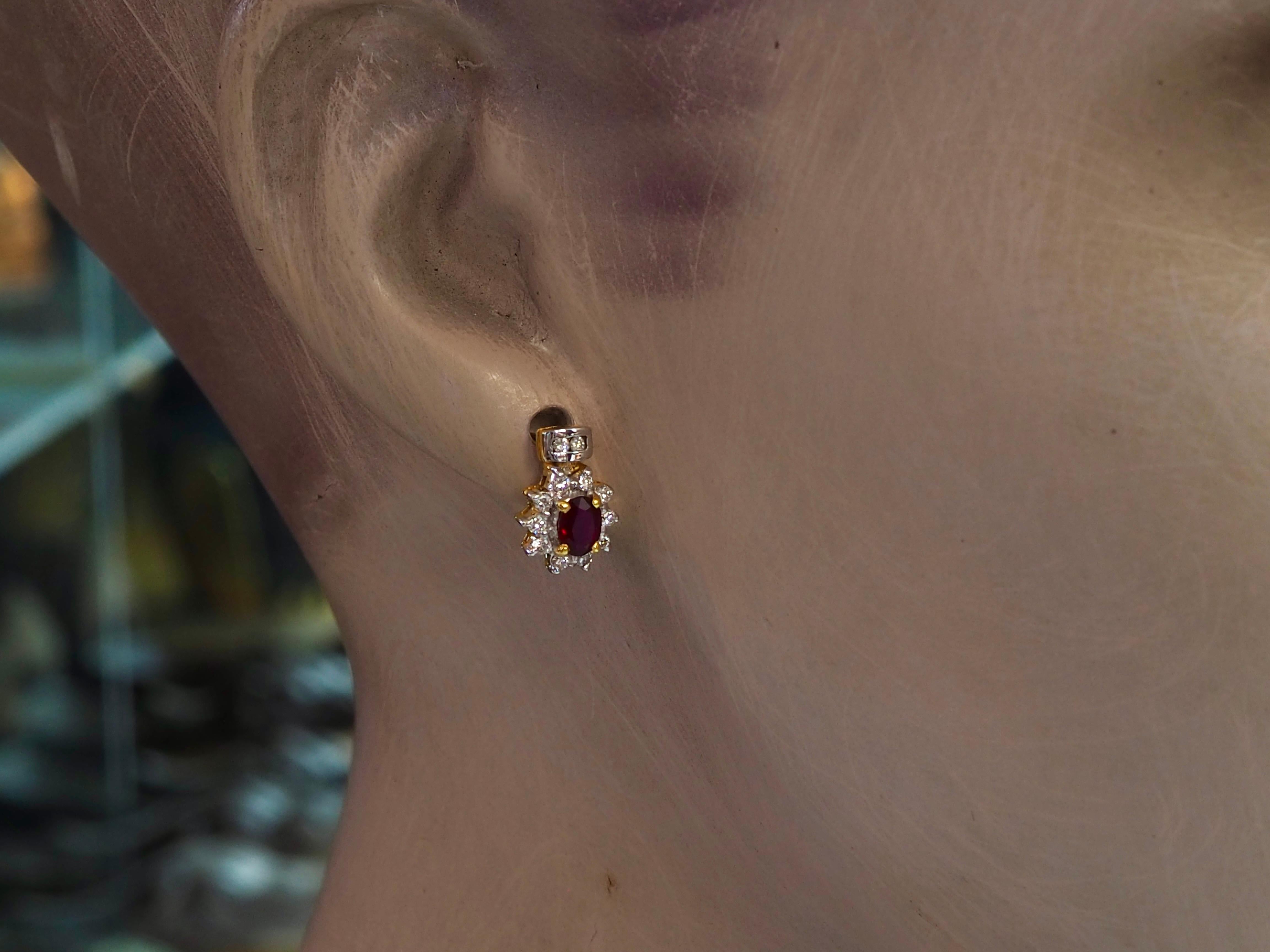 Women's or Men's 18K Gold 1ct Oval Vivid Red Ruby & 0.40ct Diamond Stud Earring For Sale