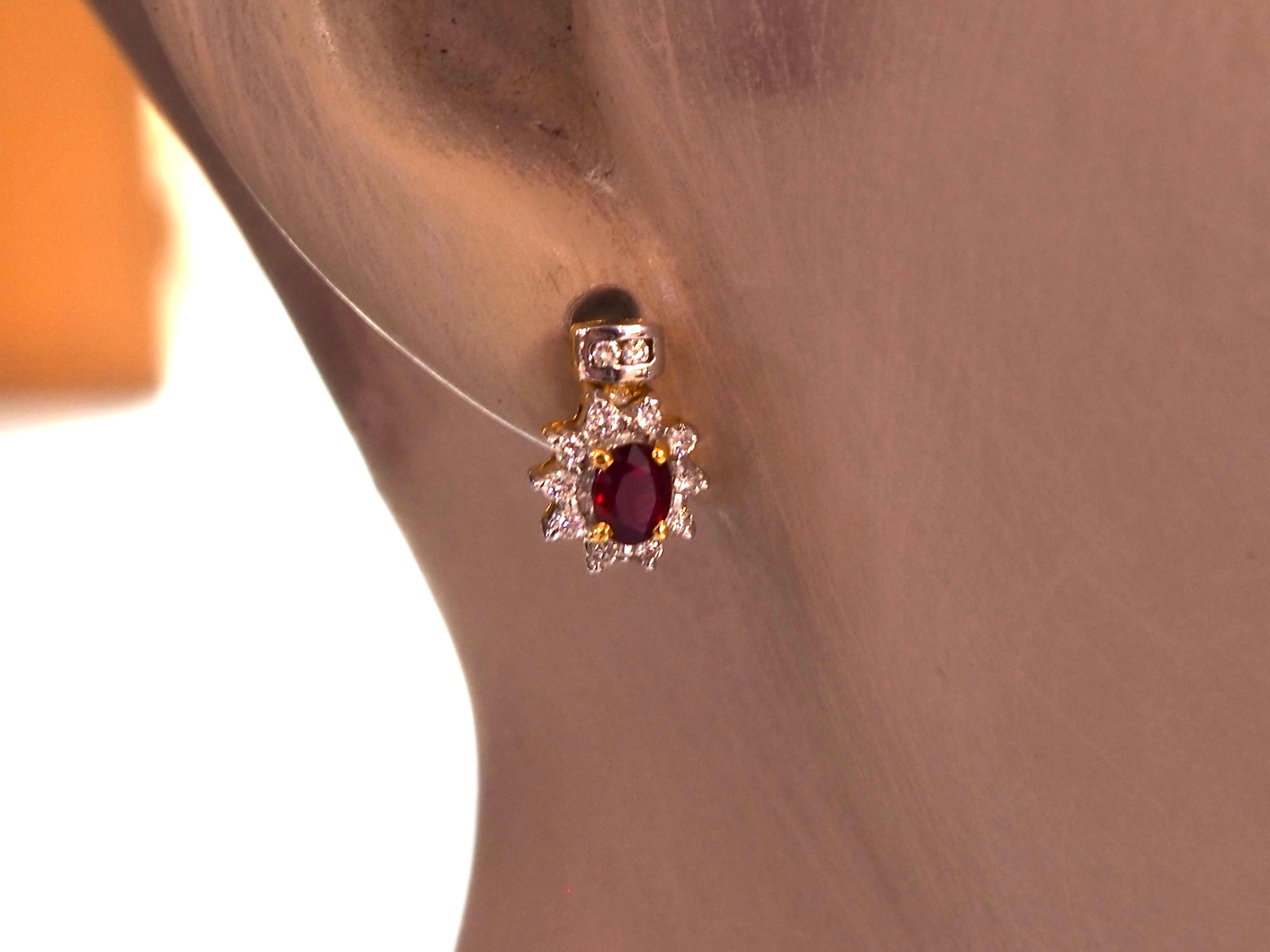 18K Gold 1ct Oval Vivid Red Ruby & 0.40ct Diamond Stud Earring For Sale 1