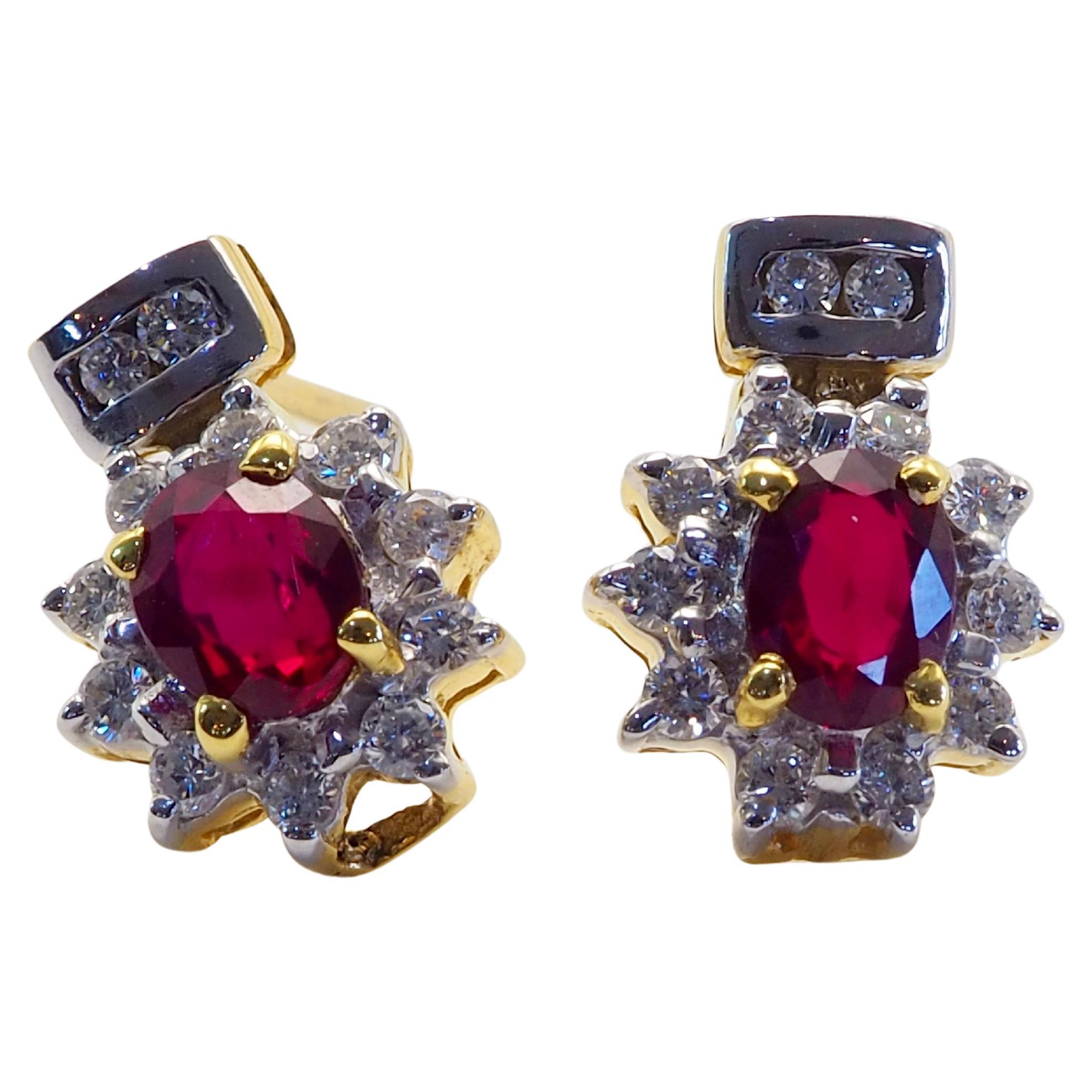 18K Gold 1ct Oval Vivid Red Ruby & 0.40ct Diamond Stud Earring For Sale