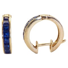 18K Gold 1ct Squared- Cut Blue Sapphire Fine Hoop Earrings