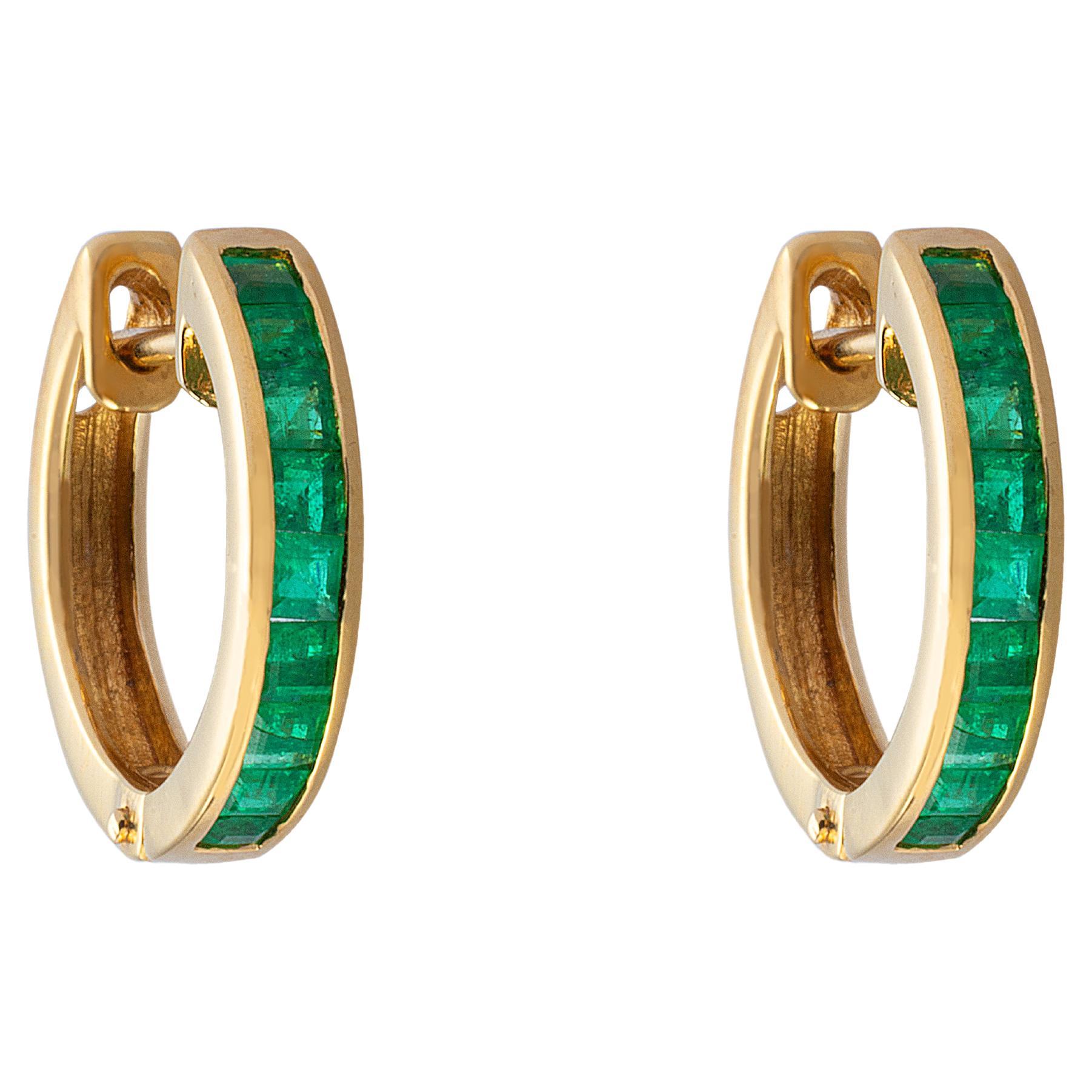 18K Gold 1ct Squared Emerald Inlaid Hoop Earrings