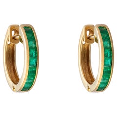 Vintage 18K Gold 1ct Squared Emerald Inlaid Hoop Earrings