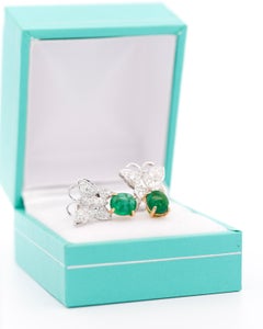 18K Gold 2 Carat Cabochon Emerald Drops & Diamond Butterfly Motif Earrings