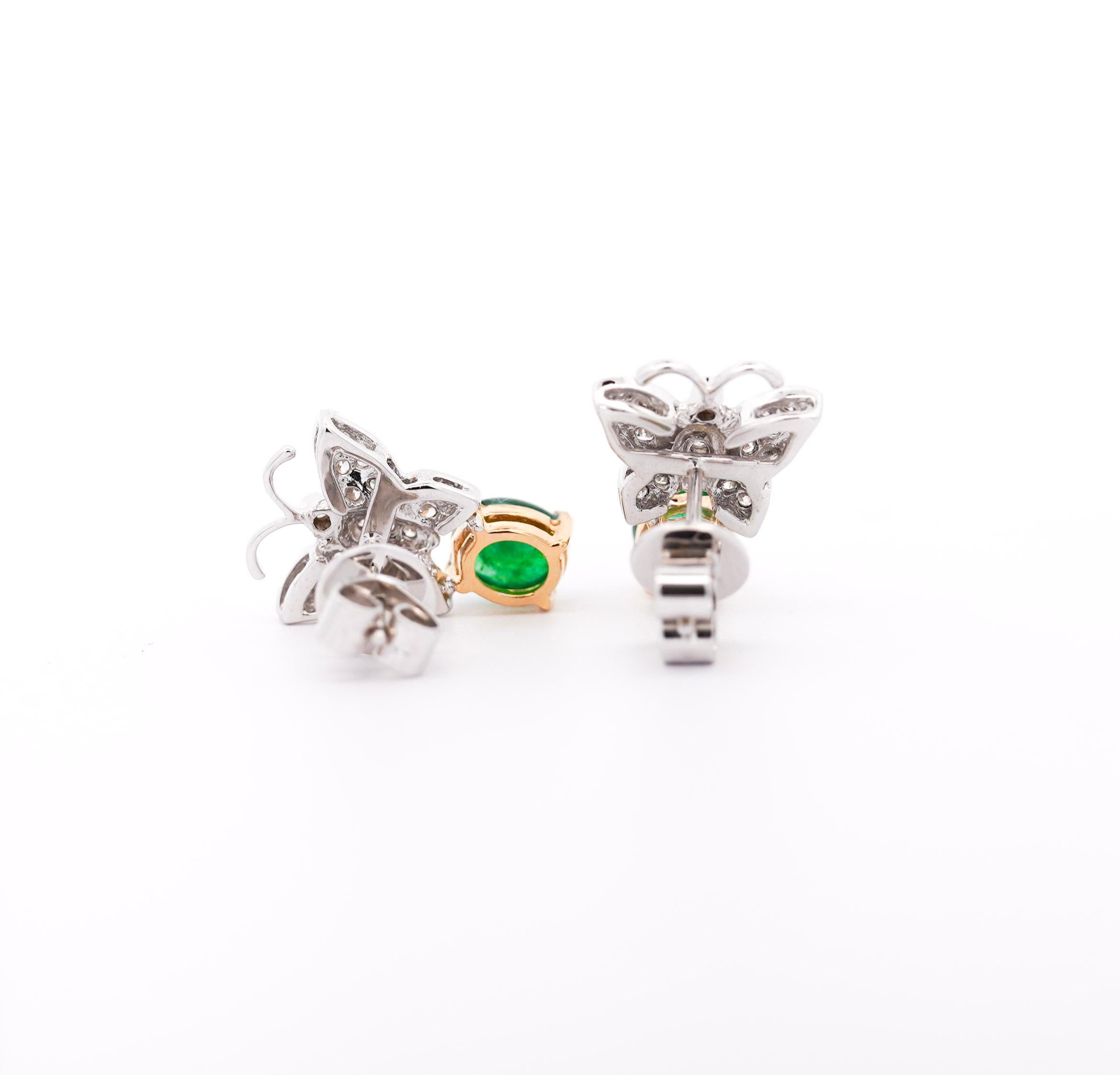 Modern 18K Gold 2 Carat Cabochon Emerald Drops & Diamond Butterfly Motif Earrings For Sale