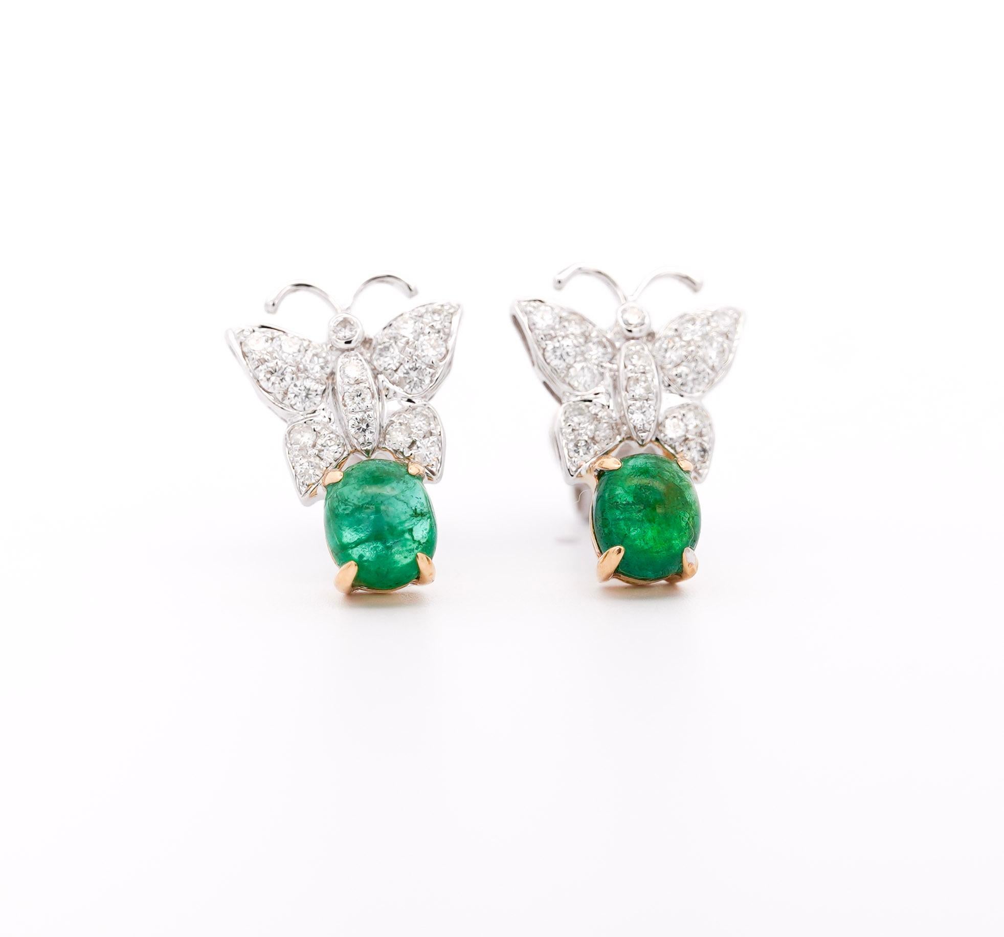 Oval Cut 18K Gold 2 Carat Cabochon Emerald Drops & Diamond Butterfly Motif Earrings For Sale