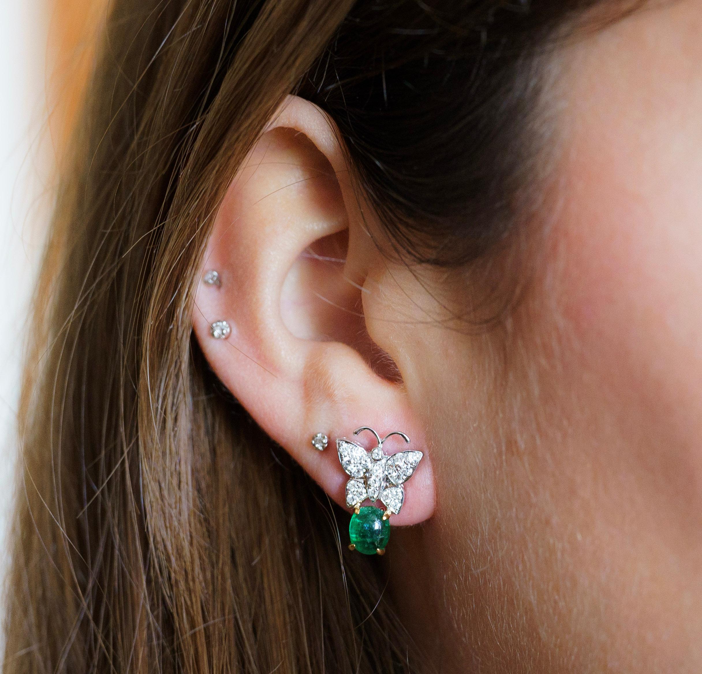 Women's 18K Gold 2 Carat Cabochon Emerald Drops & Diamond Butterfly Motif Earrings For Sale