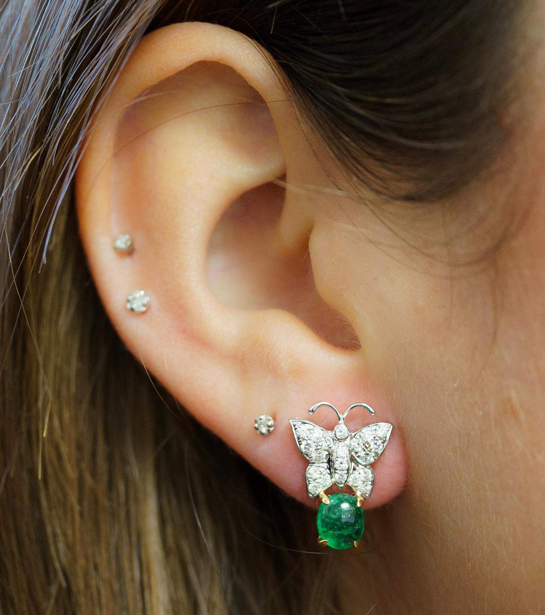 18K Gold 2 Carat Cabochon Emerald Drops & Diamond Butterfly Motif Earrings For Sale 1