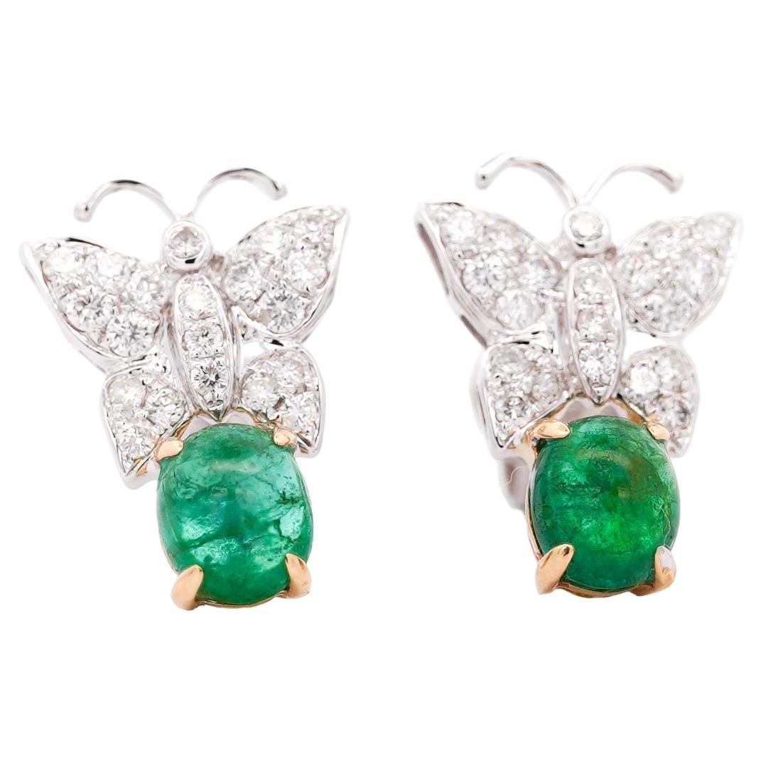 18K Gold 2 Carat Cabochon Emerald Drops & Diamond Butterfly Motif Earrings For Sale