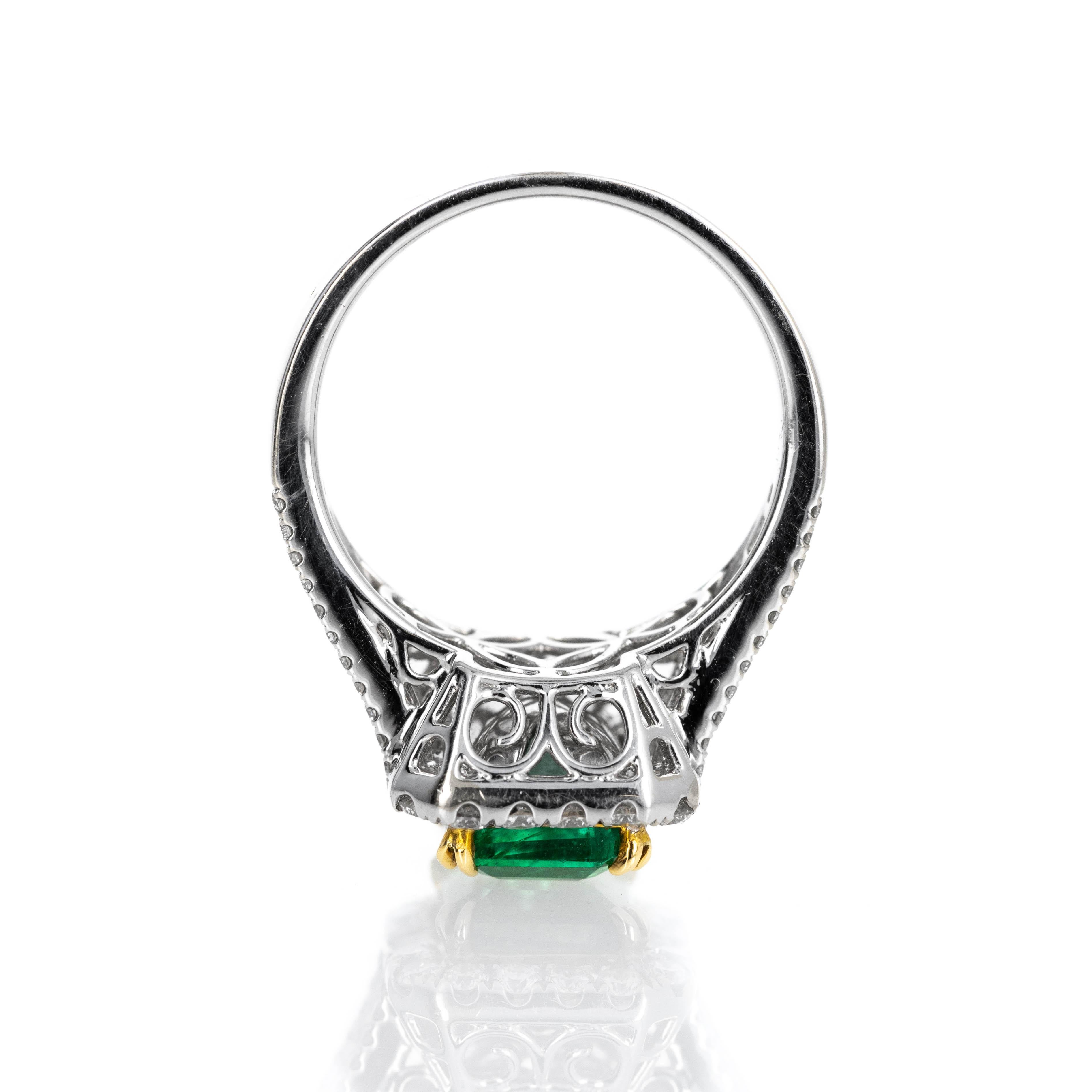 Women's 18K Gold 2 Carat Emerald Diamond Baguette Halo Ring For Sale