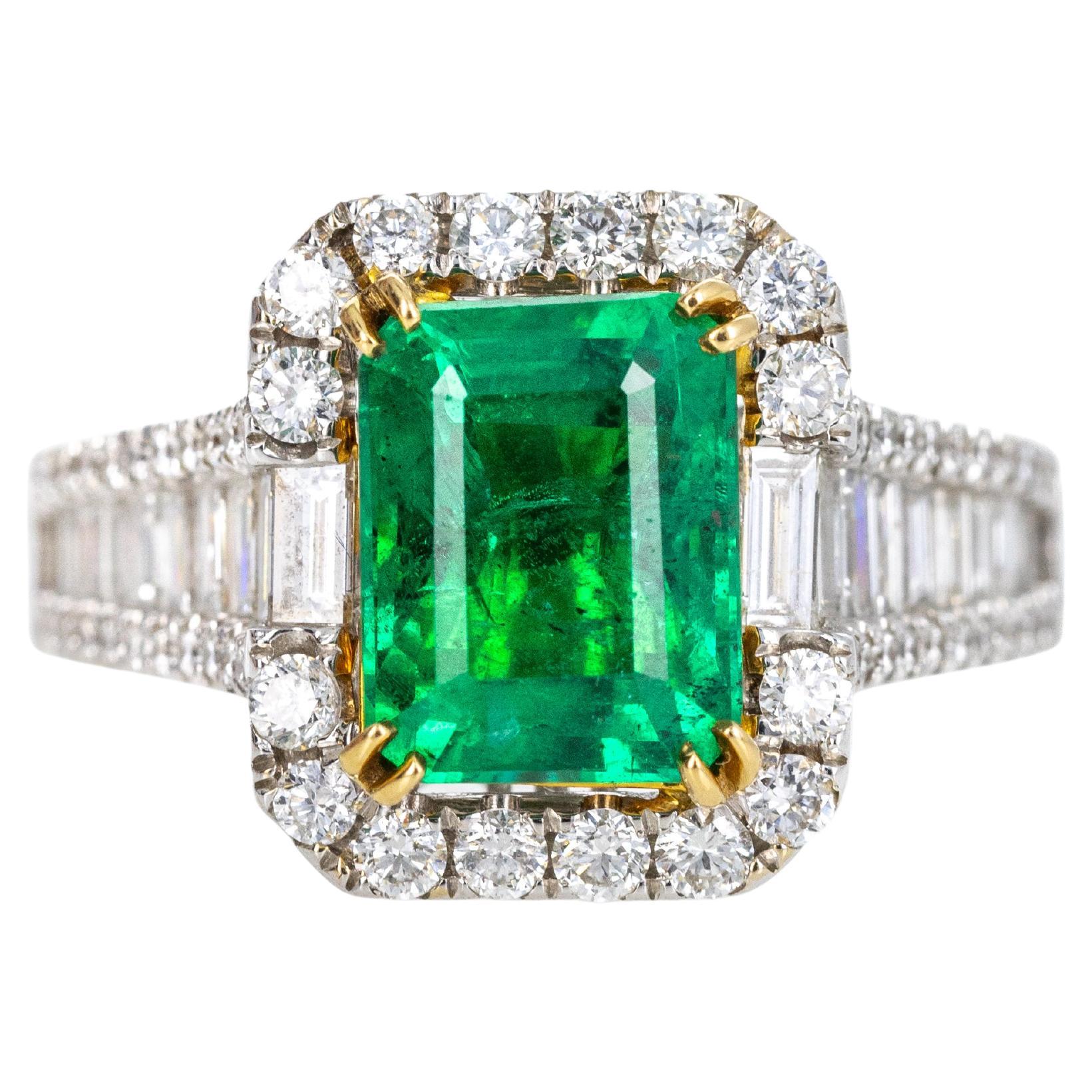 18K Gold 2 Carat Emerald Diamond Baguette Halo Ring