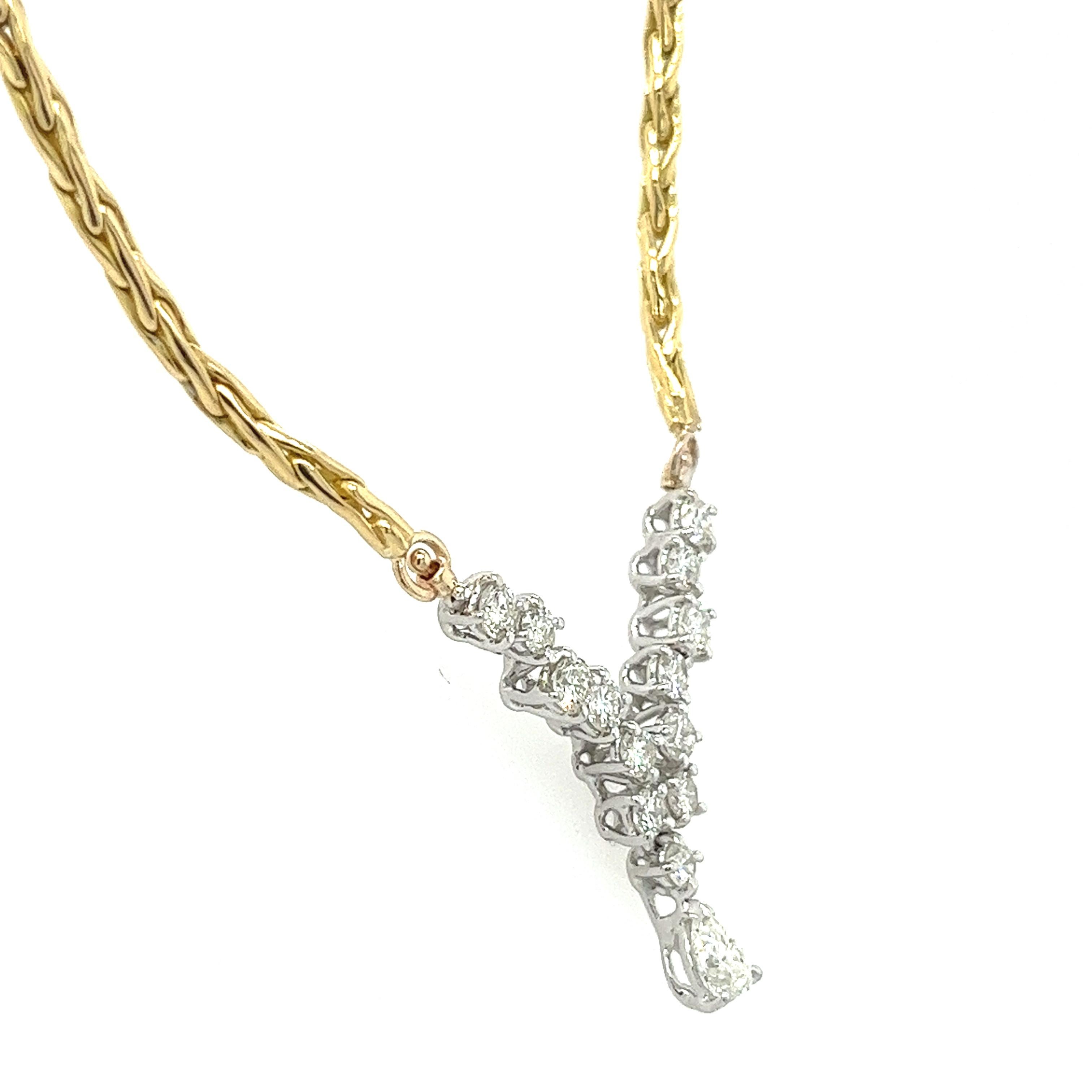 Women's 18K Gold 2 Tone Diamond Cluster Drop Choker Necklace with Pear & Round Diamonds For Sale