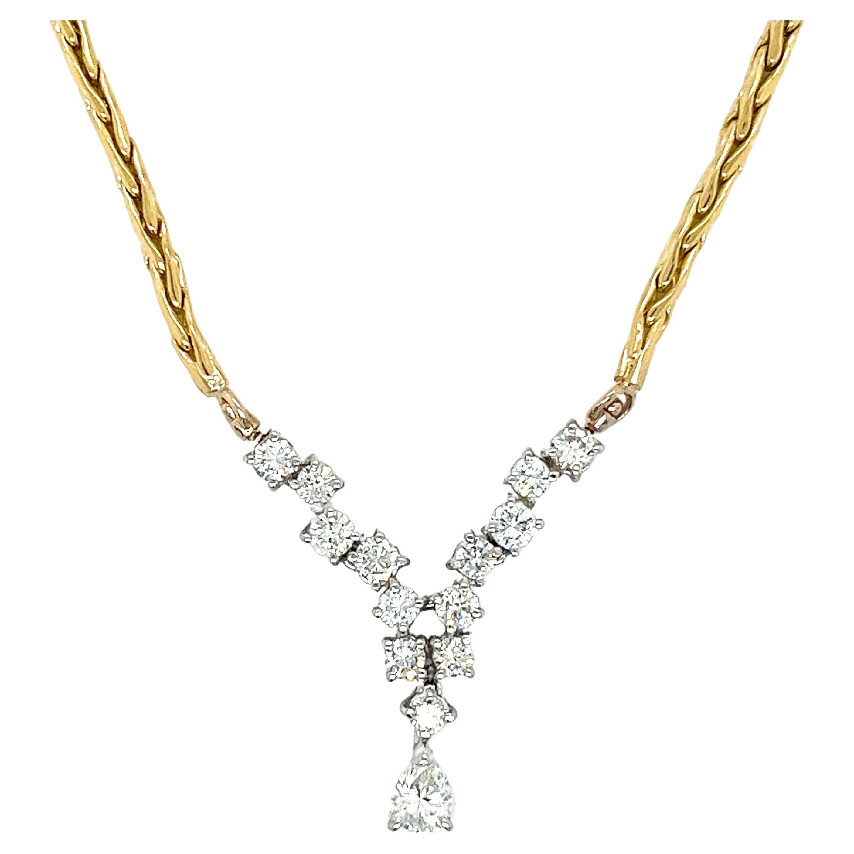 18K Gold 2 Tone Diamond Cluster Drop Choker Necklace with Pear & Round Diamonds