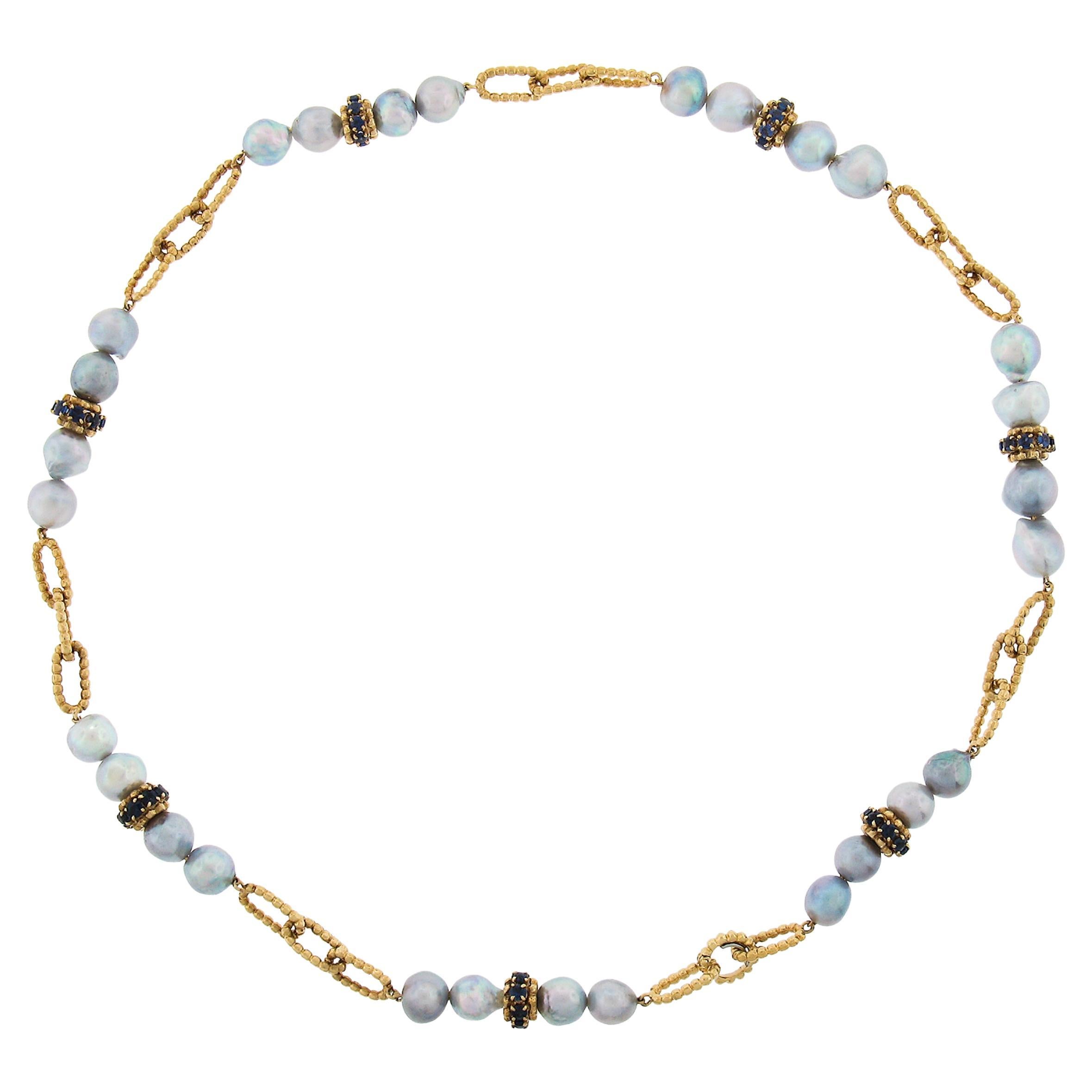 18k Gold 20" Baroque Gray Pearl & Sapphires Open Oval Twisted Rope Station Link For Sale