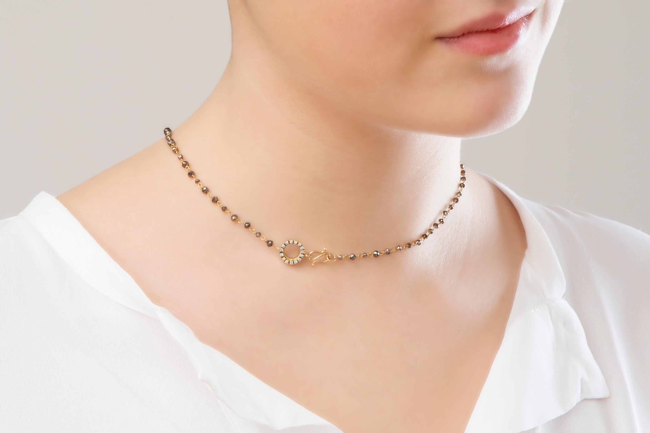 20 Inches length, (50 cm)  20 Carats Brown Diamonds beads and 0.22 Carats White Diamonds Brilliant cut clasp, 18k Yellow and White Gold beaded necklace. Handcrafted one by one to be unisex and timeless necklace suitable for every skin tone.