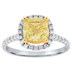 18K Gold 2.00 Carat Cushion Yellow Halo Diamond Ring