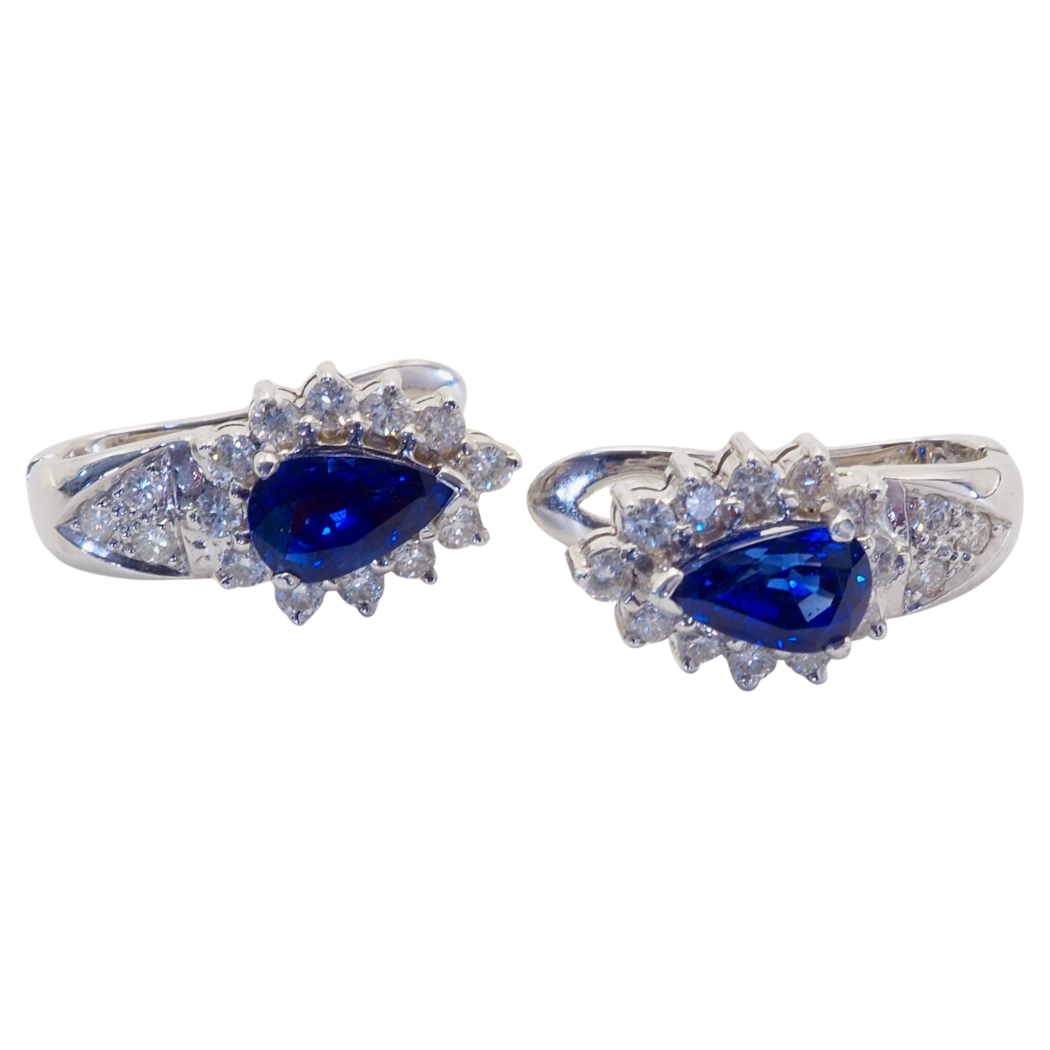 18K Gold 2.00ct Pear Vivid Blue Sapphire & 0.60ct Diamond Earrings