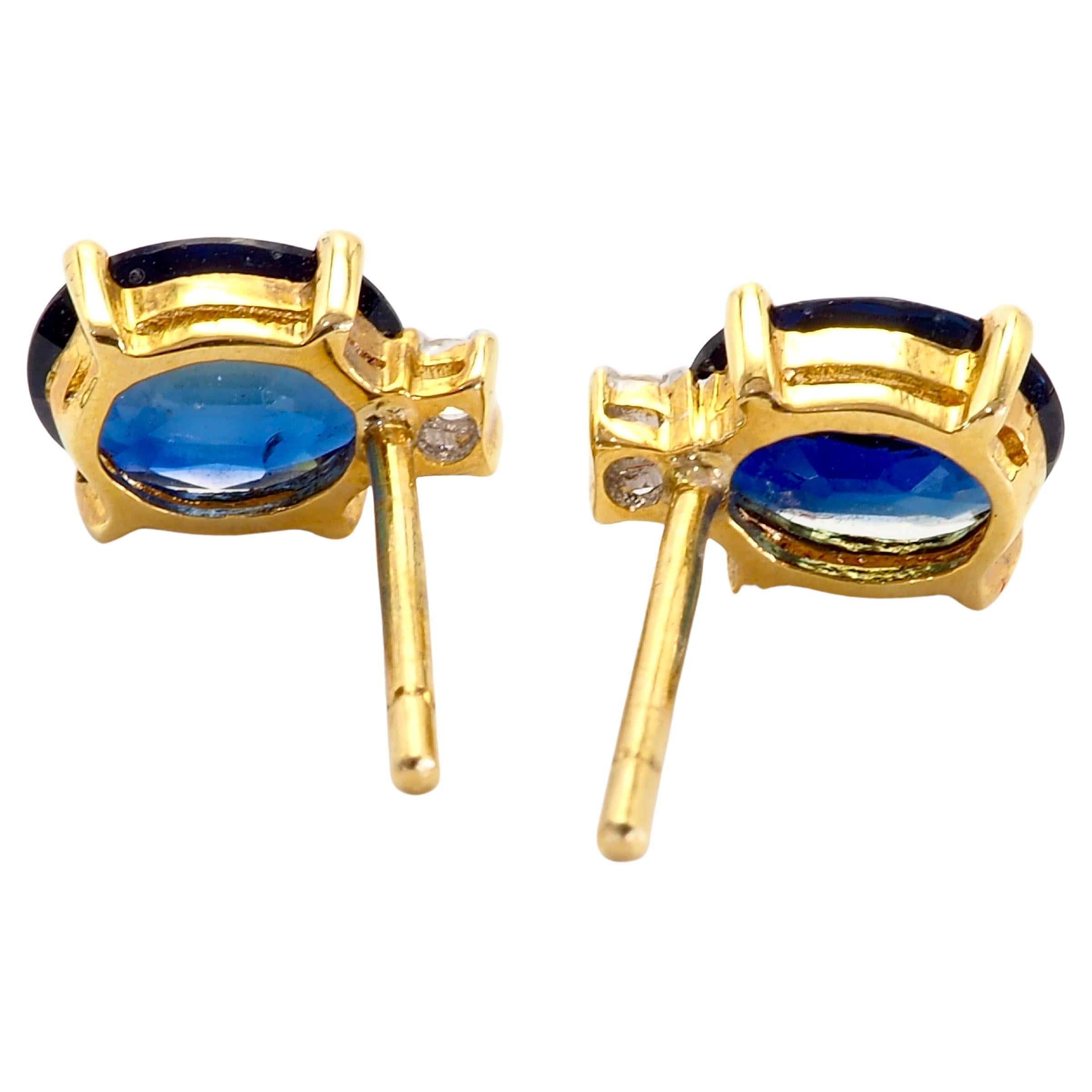 Oval Cut 18K Gold 2.03ct Blue Sapphire & 0.04ct Diamond Fine Stud Earrings