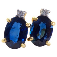 18K Gold 2.03ct Blue Sapphire & 0.04ct Diamond Fine Stud Earrings